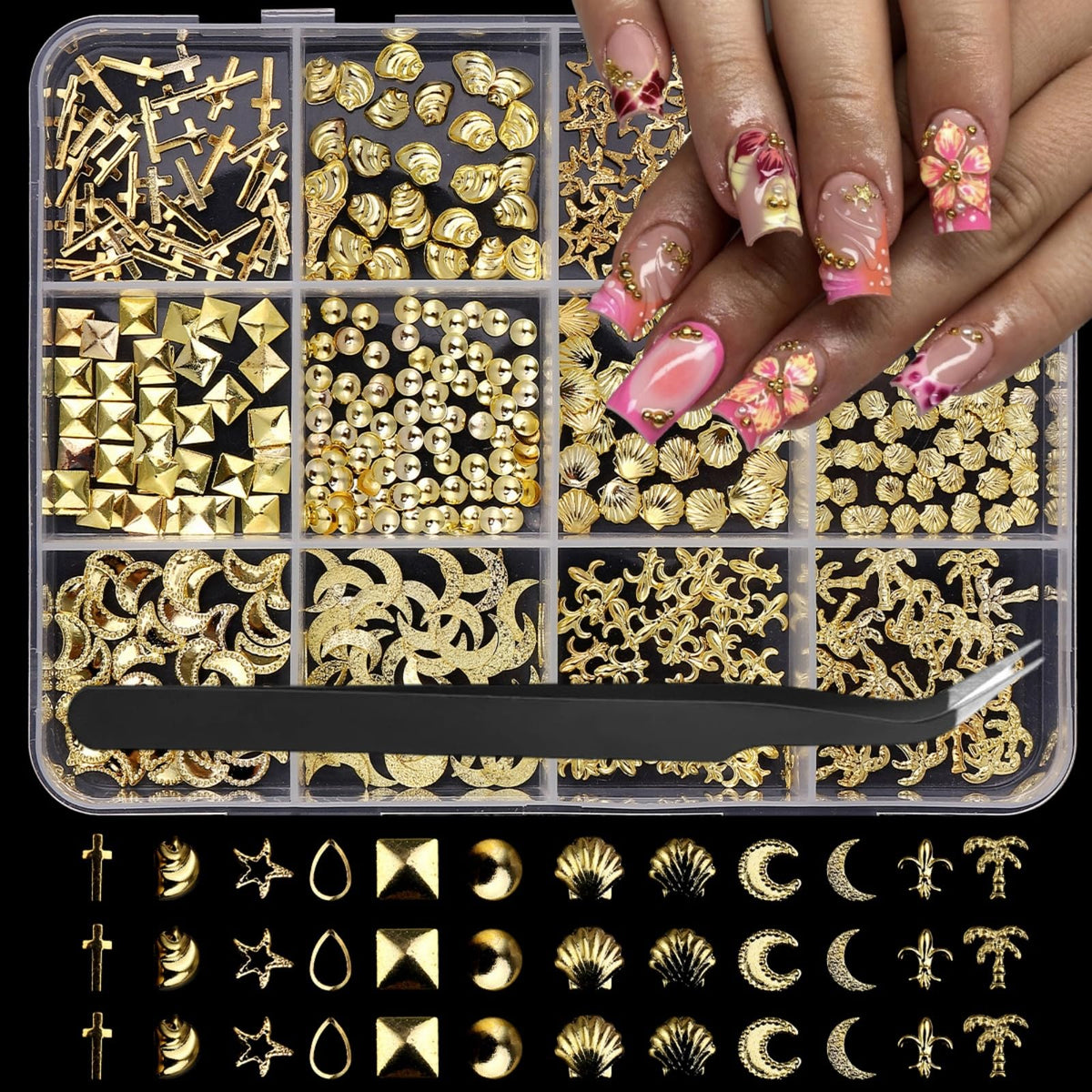 Gold Nail Charms 3D Alloy Flower Nail Gems Ocean Beach Starfish Conch Seashell Nail Jewels Multi-Shapes Metal Golden Moon Star Nail Art Supplies with Tweezer for Women DIY Acrylic Nail 12 Grids 1 Box