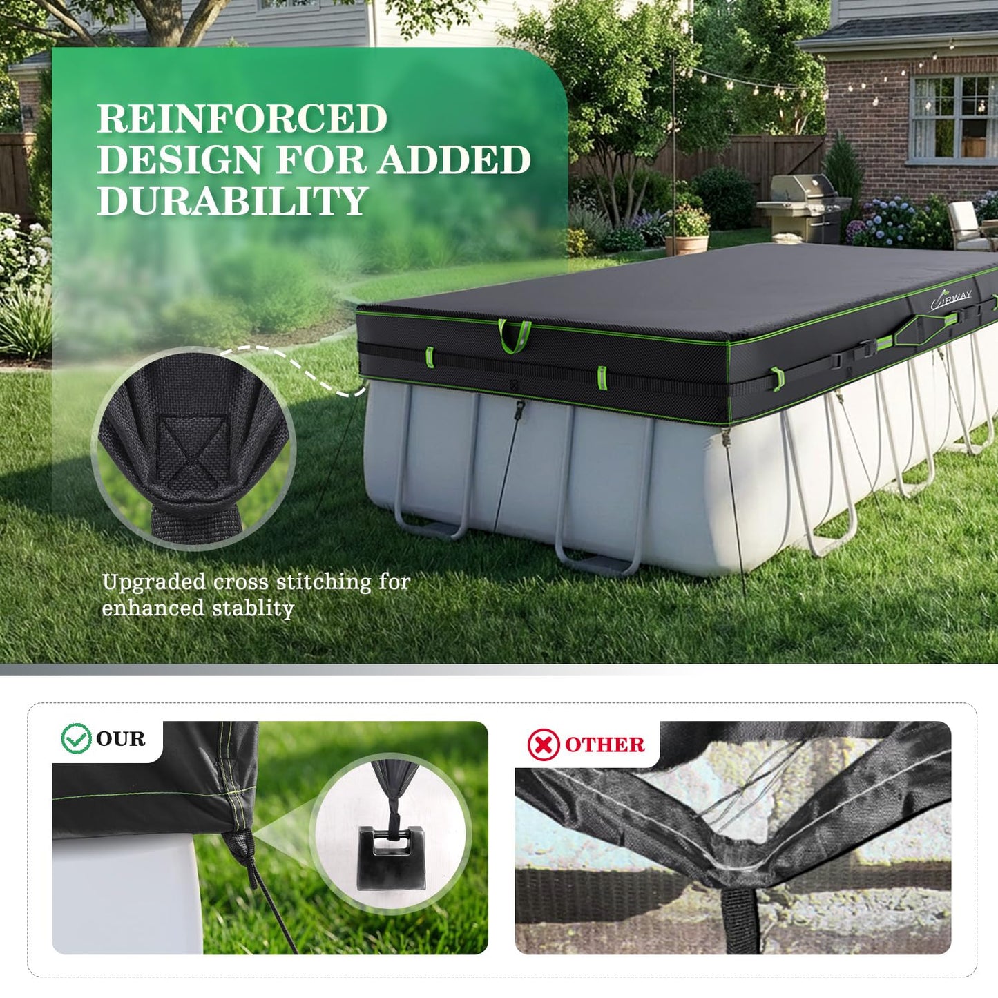 UIRWAY 500D Pool Cover 7x10FT Rectangular [2026 Upgraded Heavy Duty Fabric] Solar Pool Covers for Above Ground Pools, Swimming Pool Covers Including Windproof Straps and Luminous Ground, UV Resistant