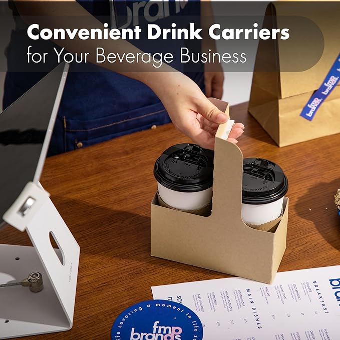 FMP Brands 2 Cup Disposable Drink Carrier with Handle, 15 Pack Kraft Paperboard Handled Drink Carriers 12-30 oz to Go Coffee Cup Holder, Cup Carrier for Cold Hot Drinks, Valentine Mother's Day