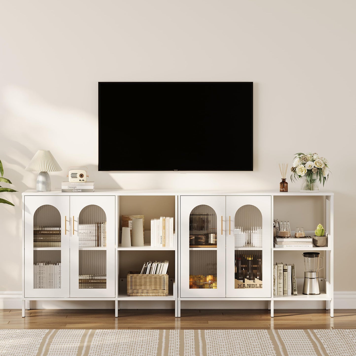 GAOMON Buffet Sideboard Cabinet, Wooden Storage with Glass Doors, Two Metal Handle, Storage Cabinet with Adjustable Shelves, Modern Sideboard for Living Rome, Kitchen, Dining Room,White