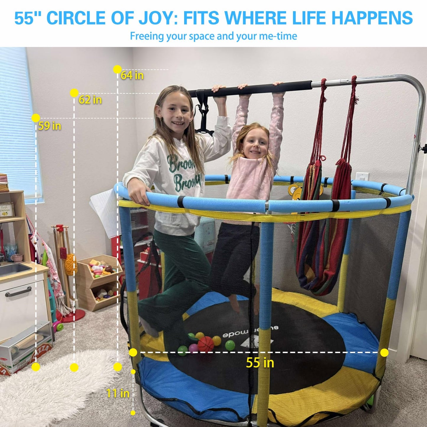 55" Indoor & Outdoor Trampoline for Kids with Enclosure, Toddler Trampoline with Adjustable Gymnastics Bar & Toys, No-Gap Safety Design (Yellow&Blue)