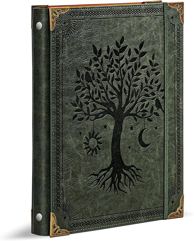 Ovesmusl Leather 3 Ring Binder Fits 8.5"x11" Letter Size Paper, 1 Inch Round Ring Binder Holds 200 Sheets, Notebook Cover Loose Leaf Organizer, Green Tree
