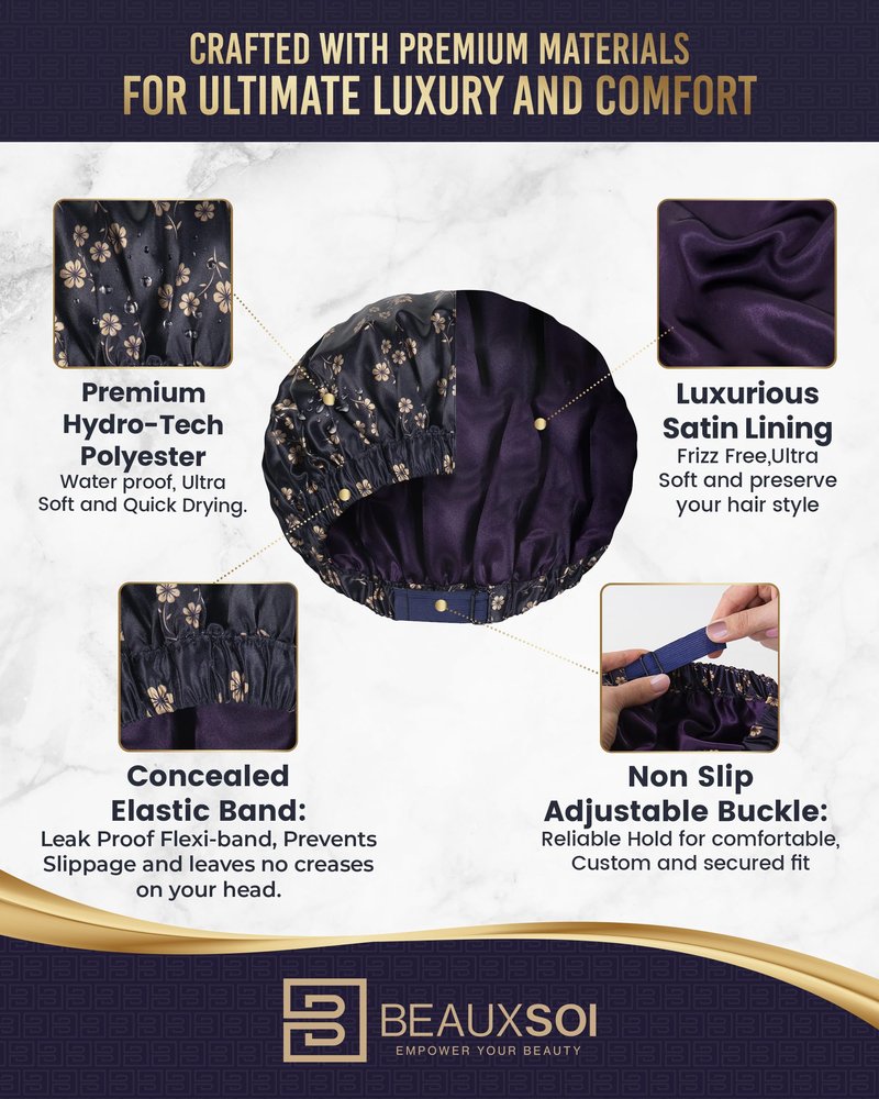 Luxury Reusable Shower Cap for Women - Satin Lined, Adjustable & Waterproof - Keeps Hair Dry- Durable Hair Bonnet by BEAUXSOI (Fleur de Nuit) - Floral design