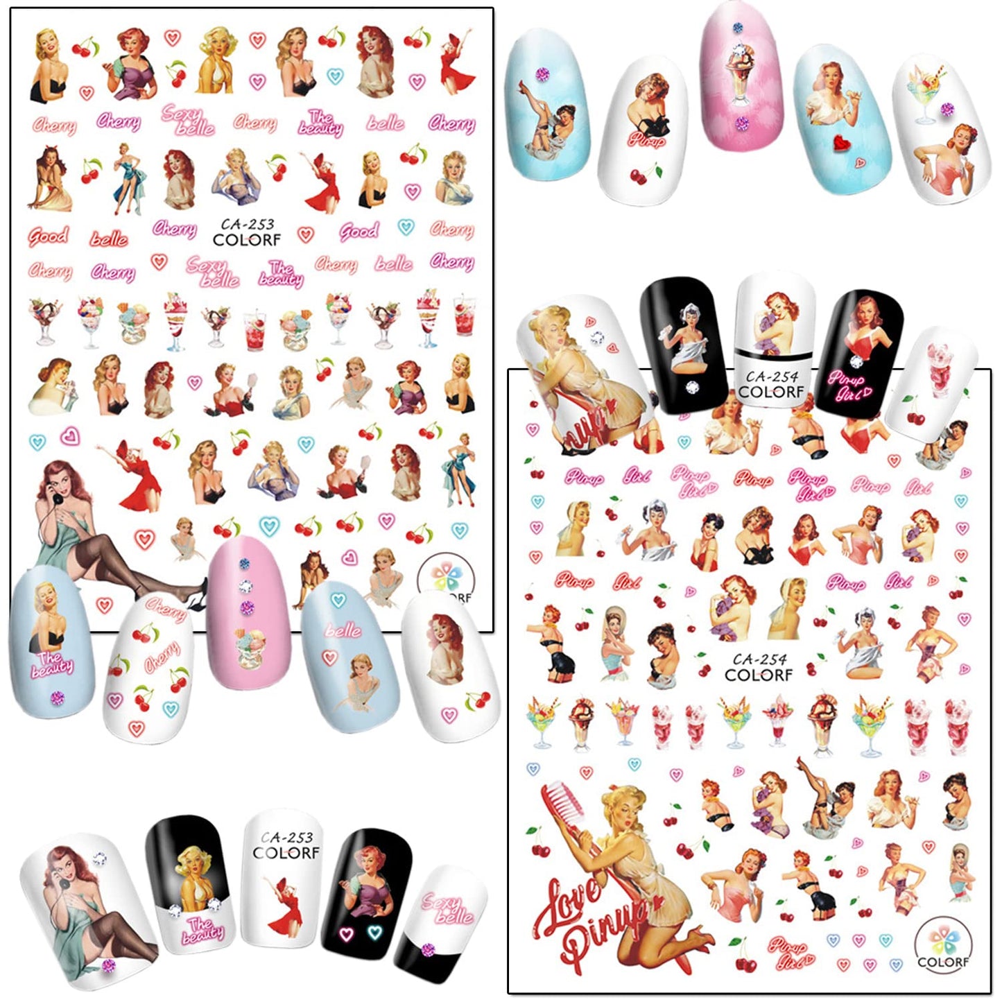 Sexy Girls Nail Art Stickers 3D Nail Self-Adhesive Sticker Design Holographic Glamour Girl Flowers Letters Nail Art Decals Supplies for Women Manicure Nails Charm Decoration DIY Nail Decal(6 Sheets)