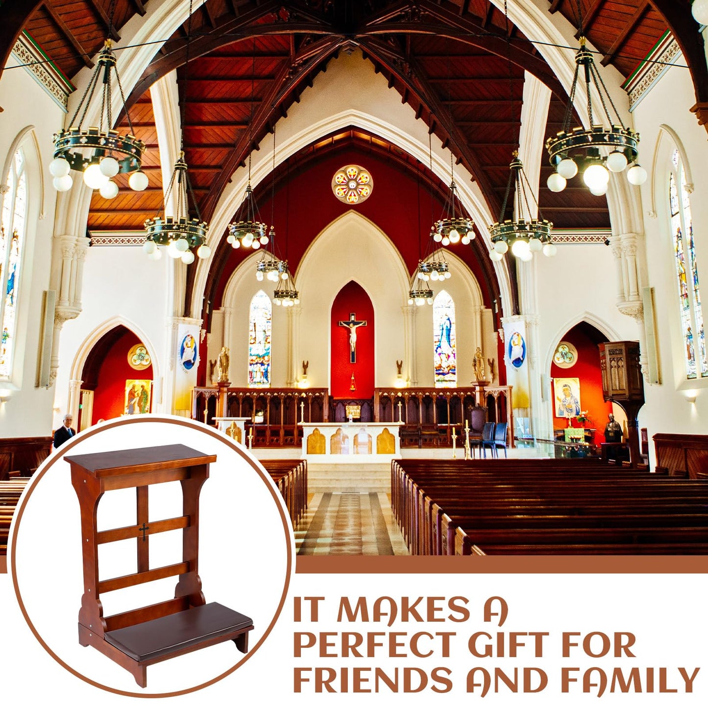DoubleFill Solid Wood Prayer Bench Stool with Shelf and Cushion Church Prayer Bench Table Chair Padded Kneeler for Kneeling at Home, Religious Gifts, 23 x 20 x 32 Inches(Simple Style)