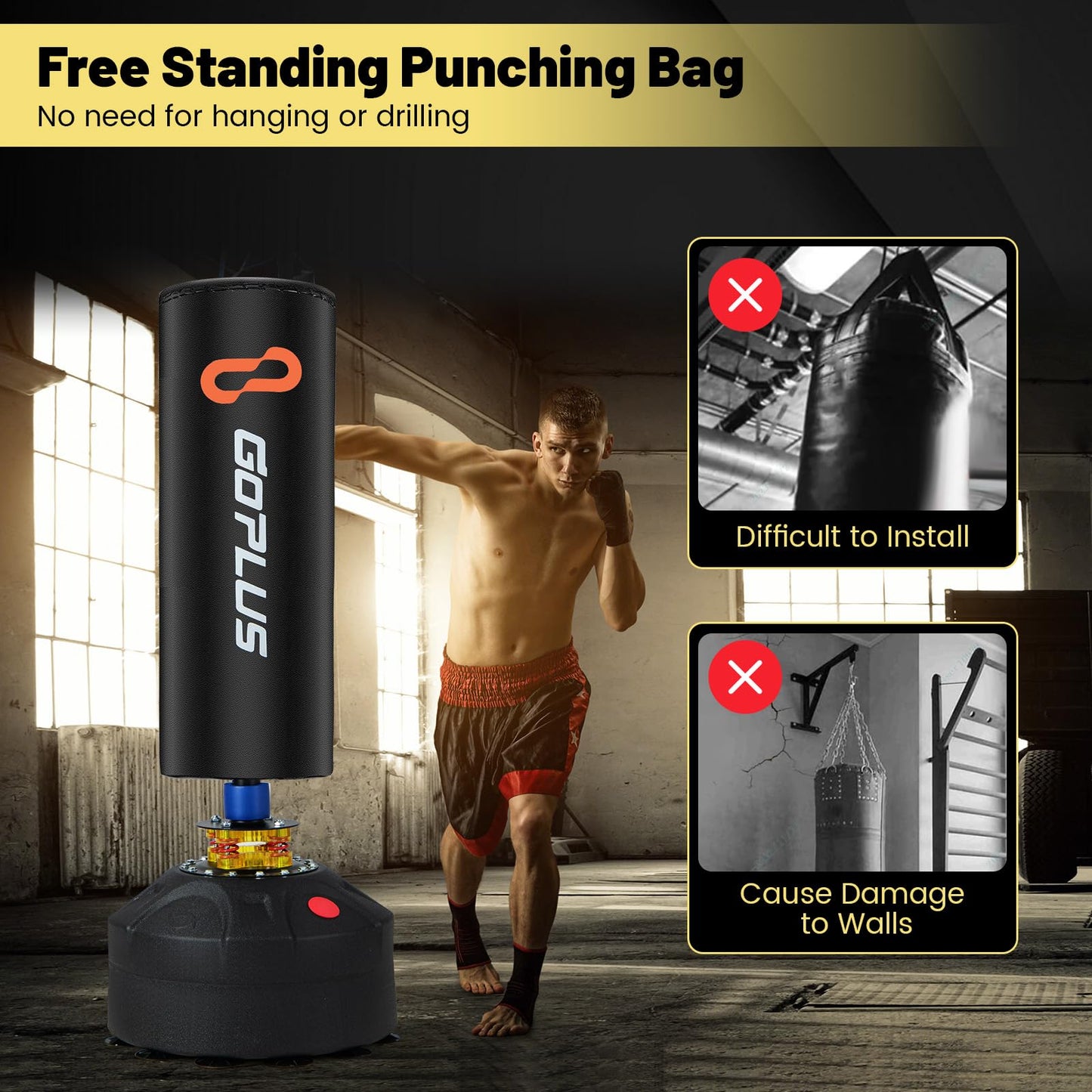 Goplus Freestanding Punching Bag, 220LBS Heavy Boxing Bag with Gloves, Shock Absorber, 12 Suction Cup Base, Kickboxing Bag with Stand for Adults Youth Men Women Home Gym (68'' Height)