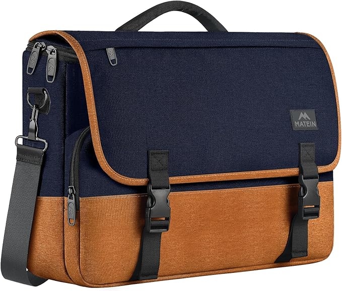 MATEIN 15.6 inch Laptop Bag, Briefcases Lightweight Men's Messenger Bag with Shoulder Strap, Large Water Resistant Crossbody Satchel Computer Case for College Work, Blue & Brown