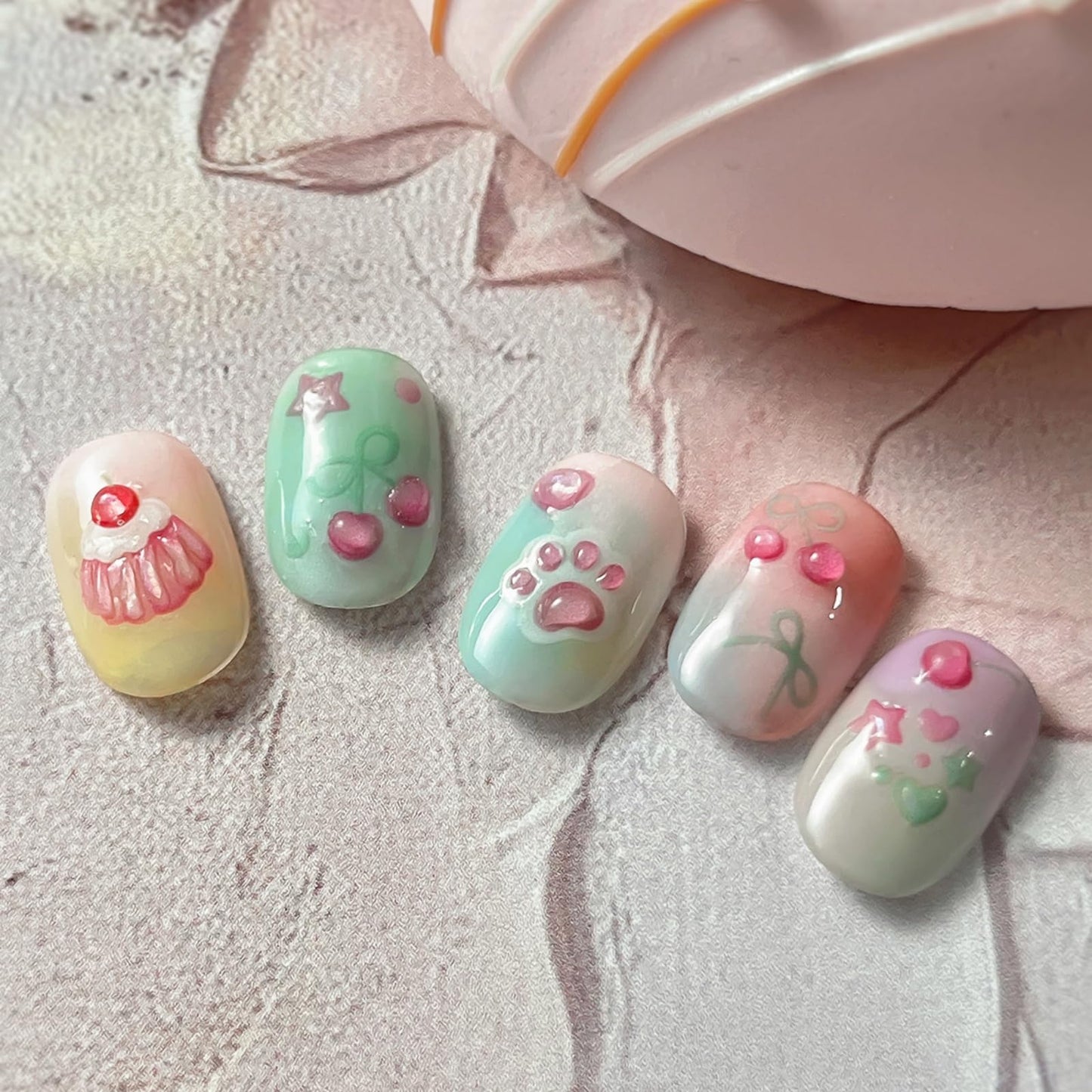 Cake Nail Art Stickers Cute Nail Sticker with Charms Jerry Design Cherry Bow Nail Decals 5D Embossed Self Adhesive Nails Art Decals for Women Girls Manicure Decorate