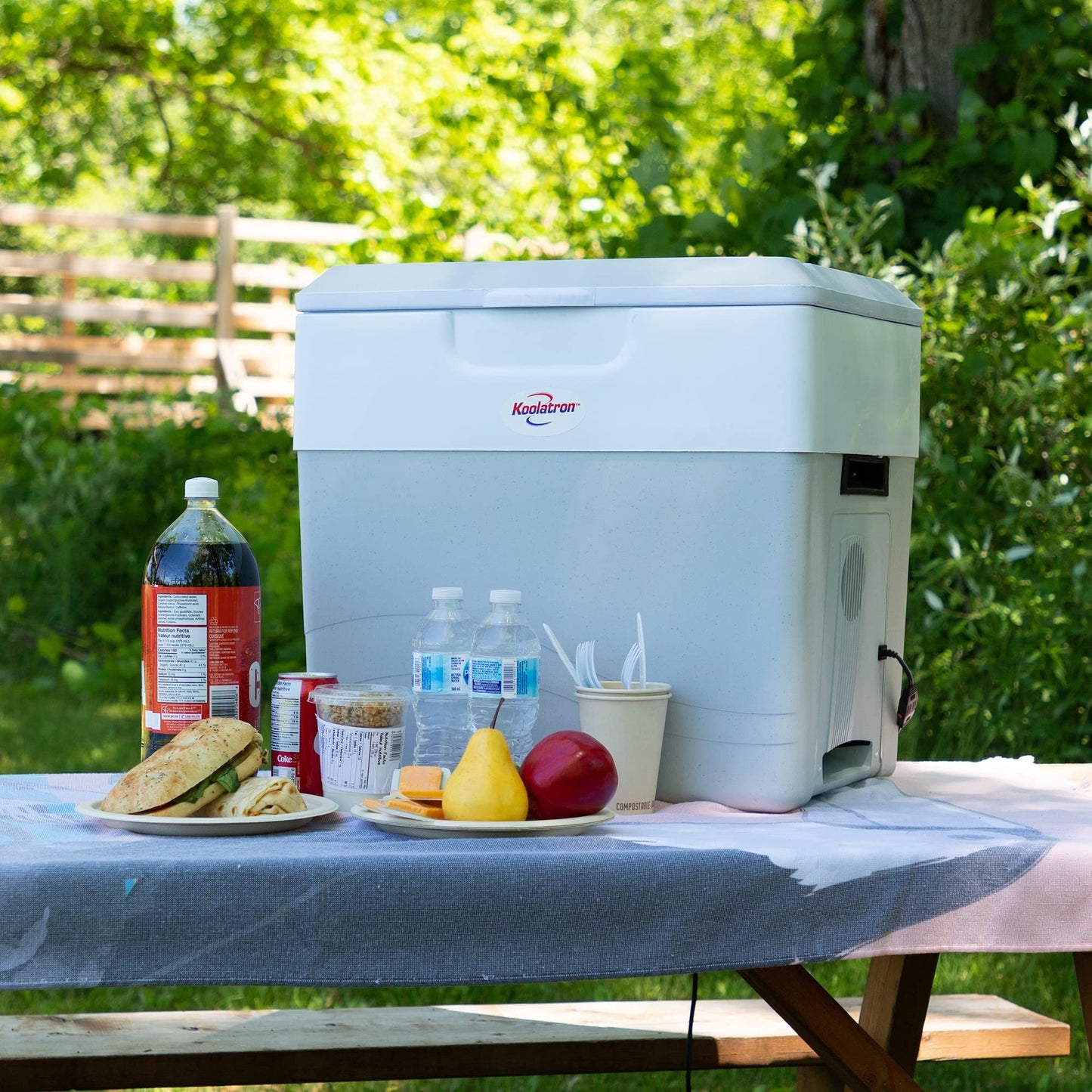 Koolatron Thermoelectric Iceless 12V Cooler Warmer 49 qt (52 L), Electric Portable Car Fridge w/ 12 Volt DC Power Cord, Gray/White, Travel Road Trips Camping Fishing Trucking, Made in North America