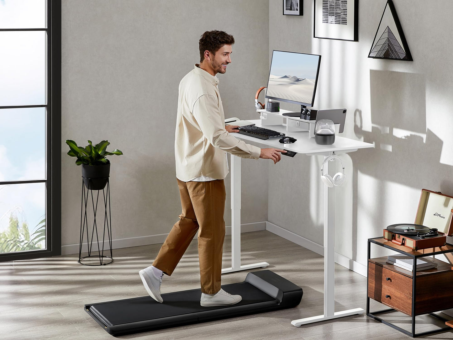 WALKINGDESK 55x24 Inches Electric Standing Desk with Drawer and Monitor Stand, Height Adjustable Stand up Desk for Home Office, Ergonomic Sit to Stand Table with Phone Holder, 3 Hooks, White