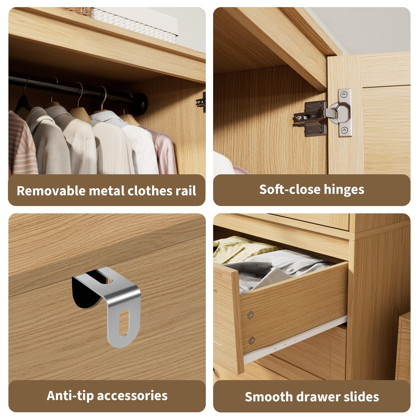 GarveeHome Armoire Wardrobe Closet with Drawers, 69.5 in Wooden Wardrobe Cabinet with Hanging Rod, 2 Doors Clothing Storage Cabinet for Bedroom, Large Capacity Storage, Louvered Door, Natural