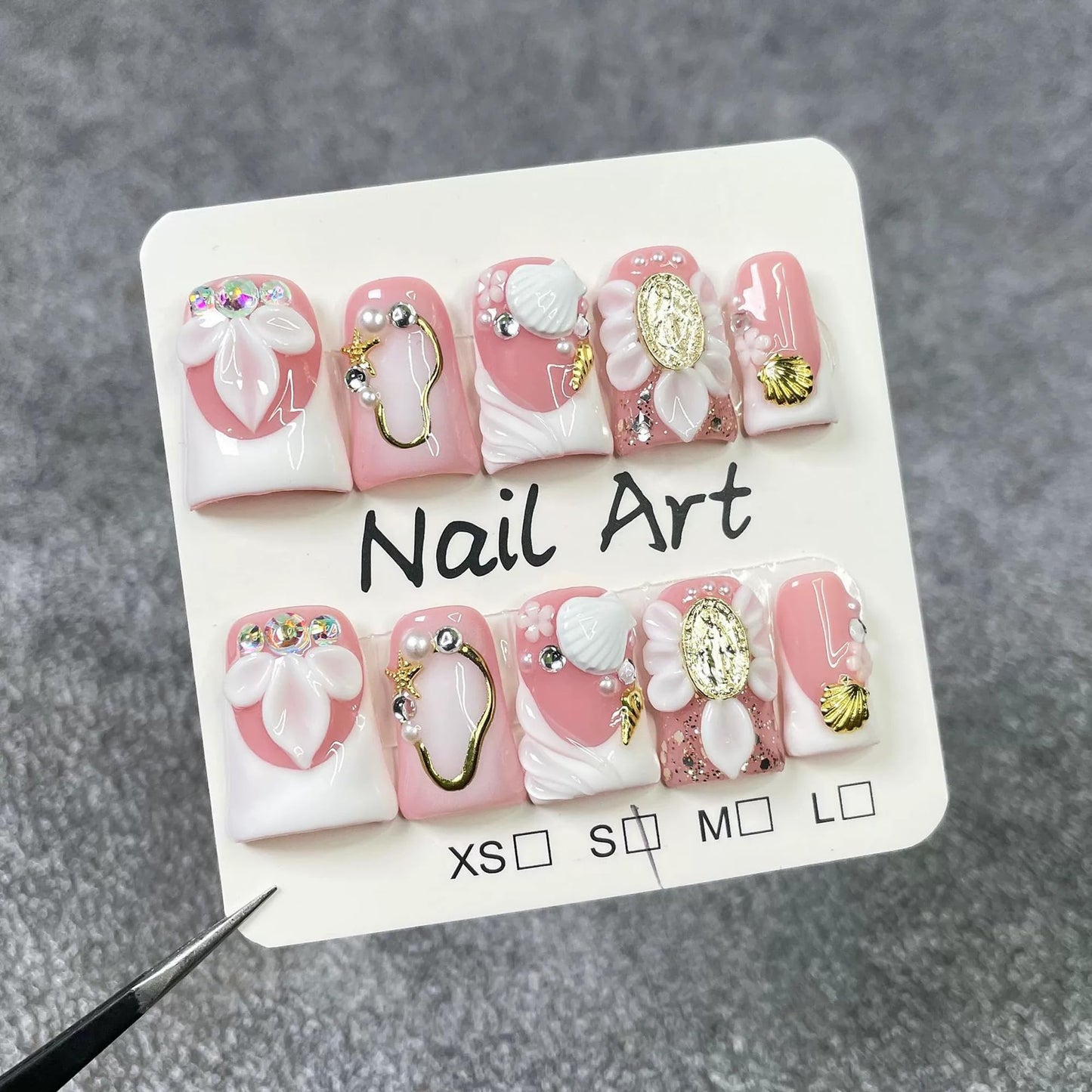 Handmade Press on Nails Medium Duck Fake Nails White French Tip Acrylic False Nails with 3D Flower Design Luxury Full Cover Stick on Nail for Women 10Pcs Manicure (Size M)