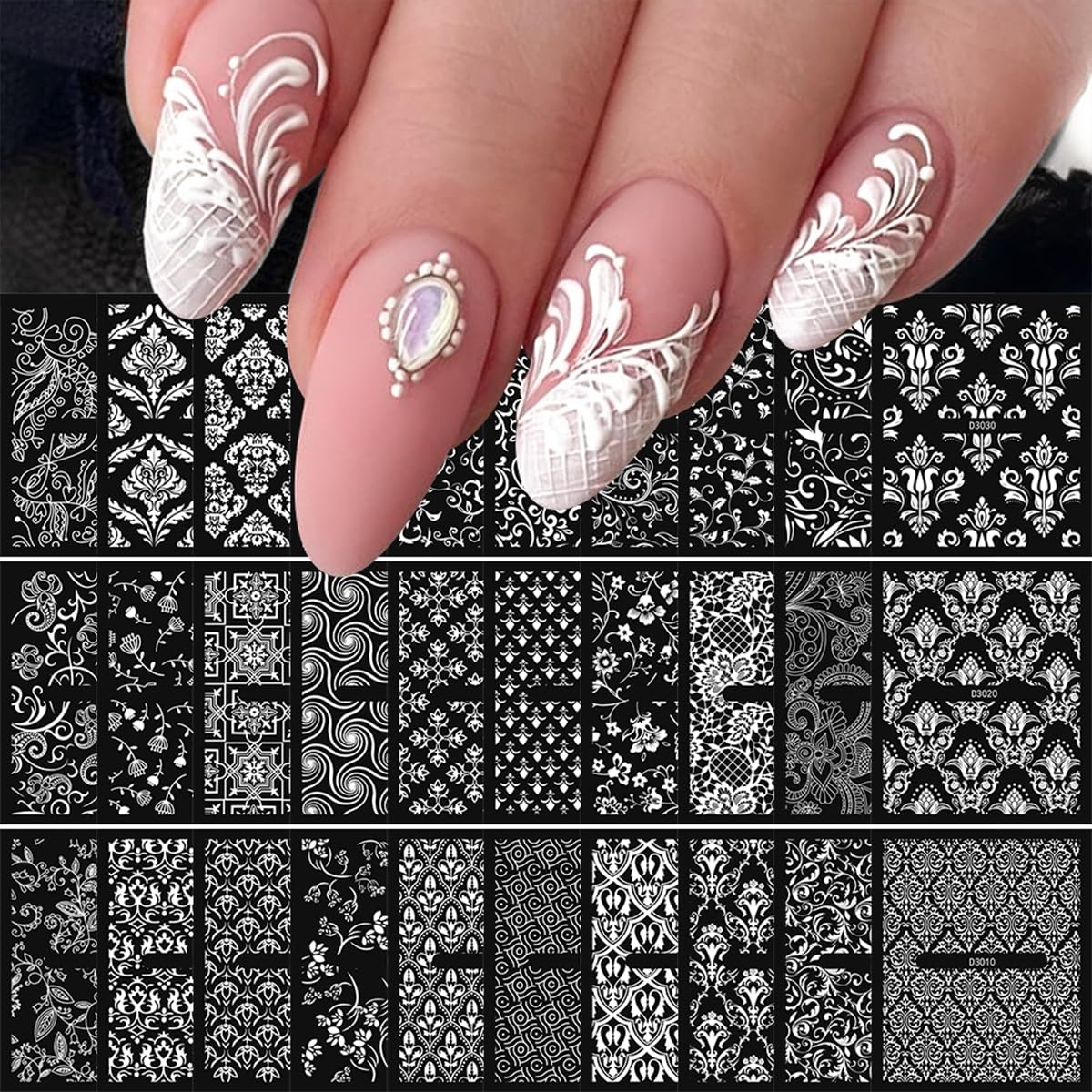 30 Sheets White Nail Art Stickers 3D Self Adhesive Lace Flower Nail Stickers Hallow Floral Nail Decals Spring Summer Nail Supplies for Women Nail Art Decoration Accessories