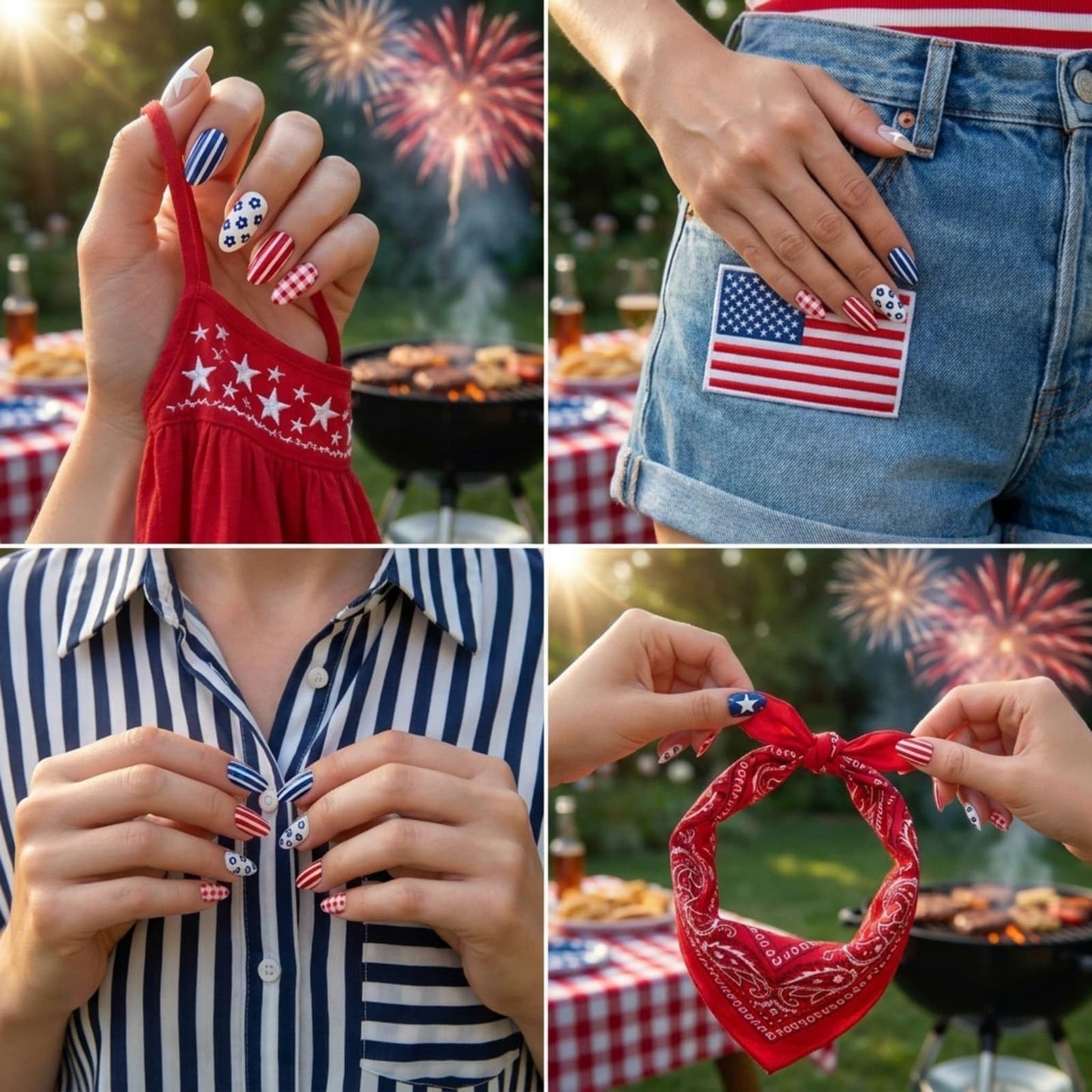 CLYHLTMZ Independence Day Press on Nails Short Almond Fake Nails 4th of July USA Day Glue on Nails Red White Stripes with Flowers Design Glossy Reusable Acrylic Stick on Nails for Women 24 Pcs