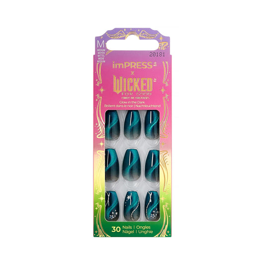 Impress X WICKED: FOR GOOD Press On Nails, ‘Unleash Your Magic’, Green, Medium Coffin, New Improved Adhesive, Up To 10 Day Hold, Includes 30 Fake Nails, 1 Prep Pad, 1 Manicure Stick, 1 Mini File