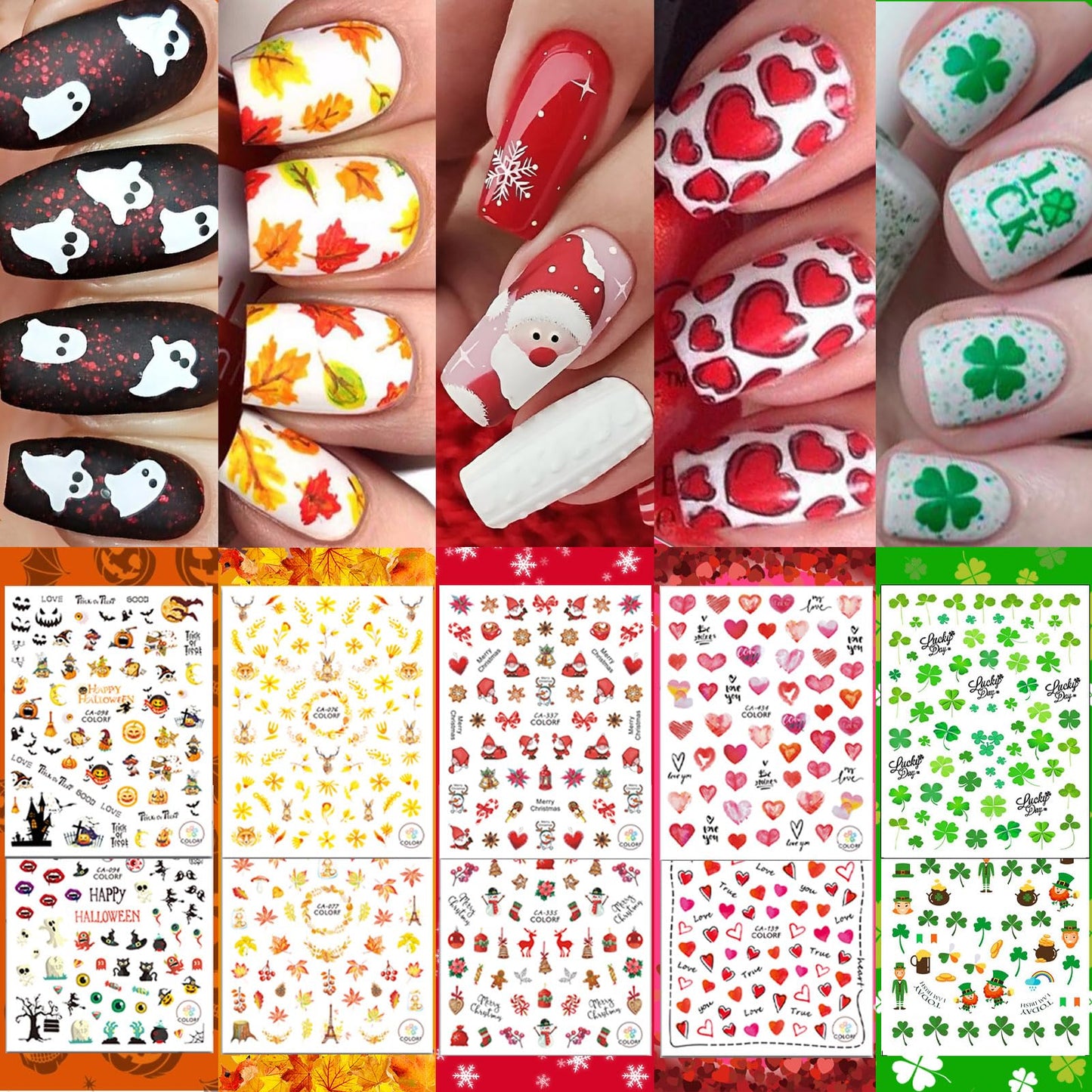 30 Sheets Fall All Holiday Nail Stickers, Autumn Halloween Christmas Thanksgiving Valentine's St. Patrick's Day Nail Art Decals Mixed All Season Set, Self-Adhesive Year-Round Manicure Decorations