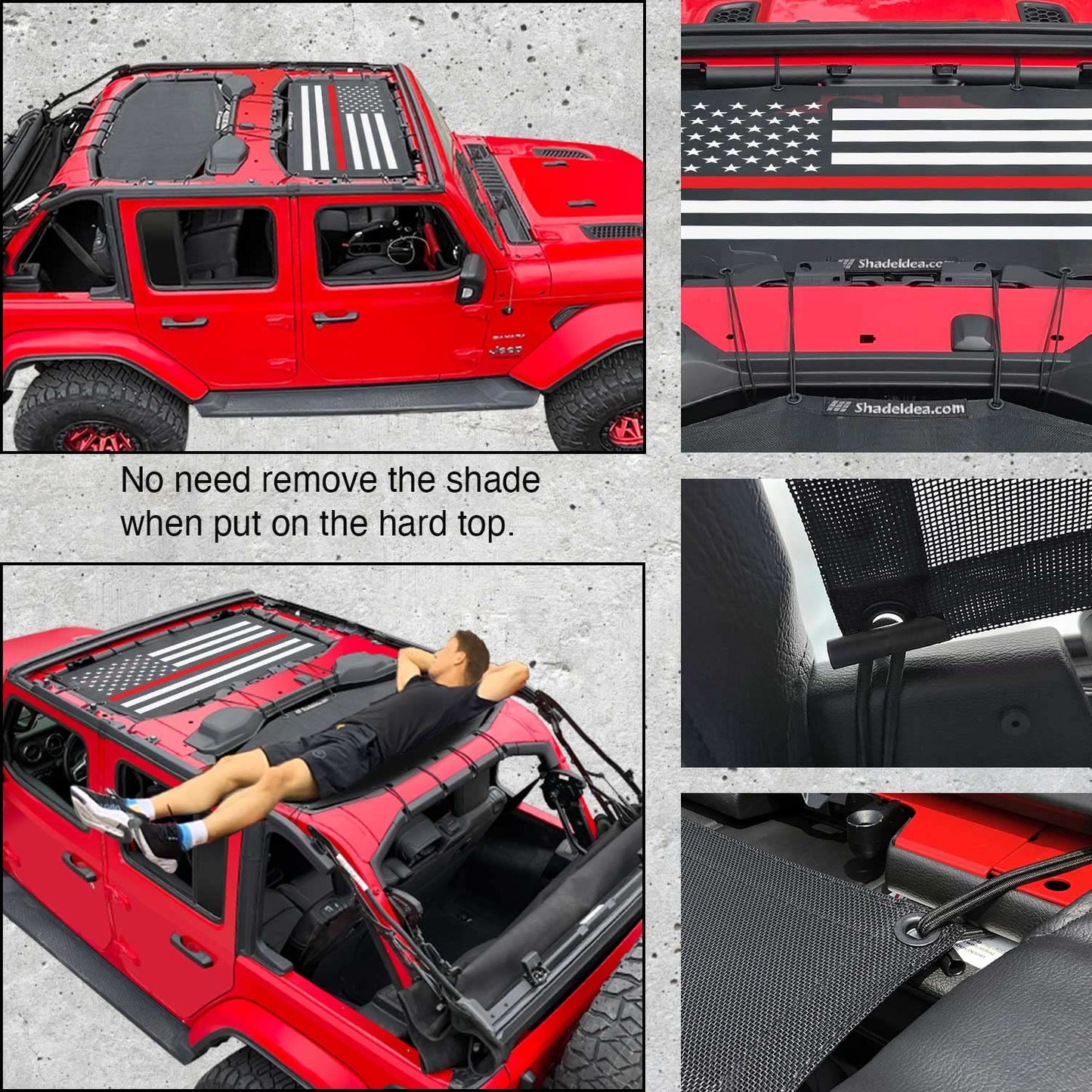 Shadeidea JL Top Sunshade Compatible with Jeep Wrangler JLU Sun Shade Top 4 Door Roof Mesh Screen Cover 2018-2023, Wind Noise UV Blocker -10 Year Warranty -Thin Red Line Flag -Front+Rear (2 pcs)