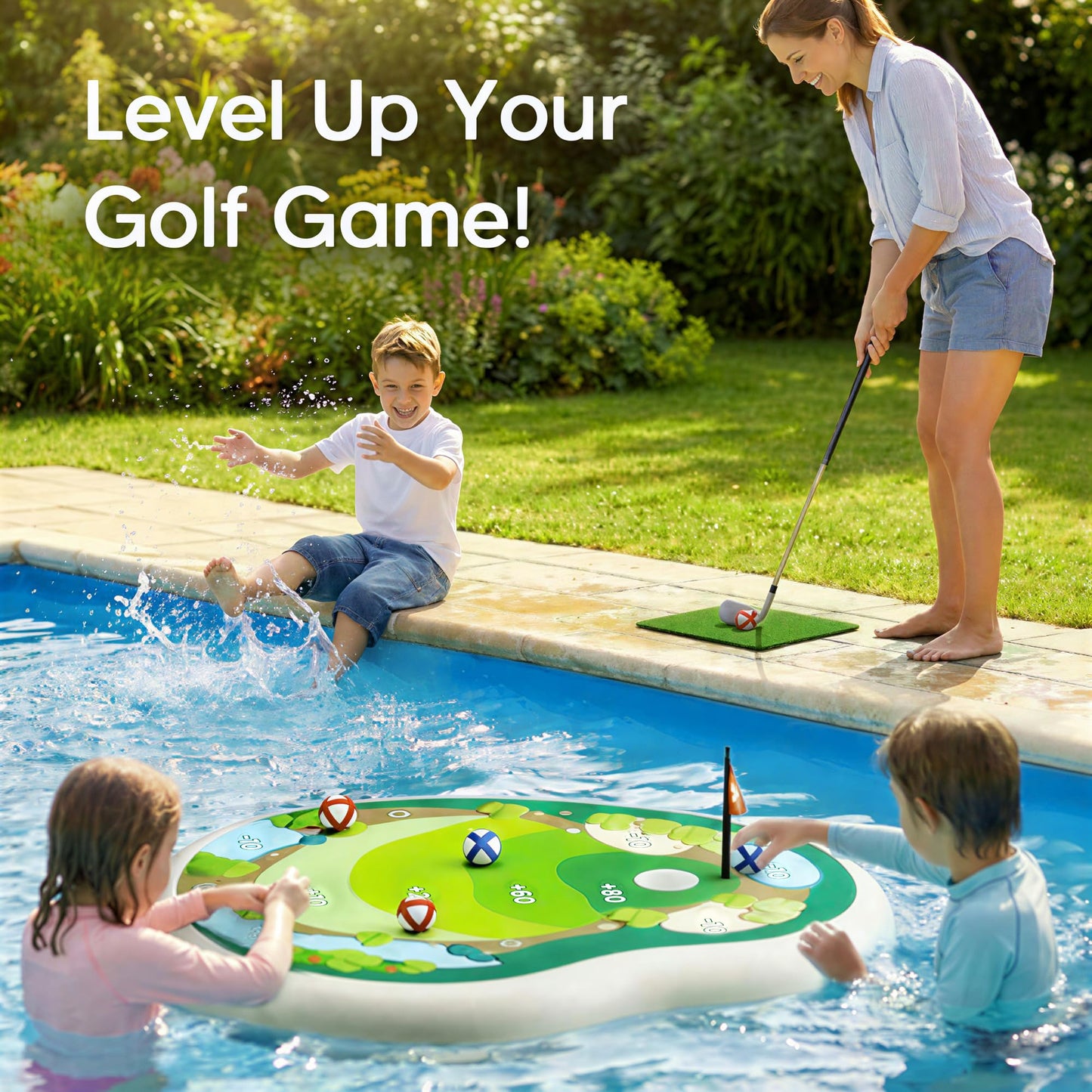 Funscape Kids Inflatable Golf Pool Toys, Fun Swimming Pool Game, Floating Water Chipping Green W/Sticky Balls, Yard Summer Party Birthday Gift 3 4 5 6 7 8 9 12 Years Old Boys Girls Teen Adults Family