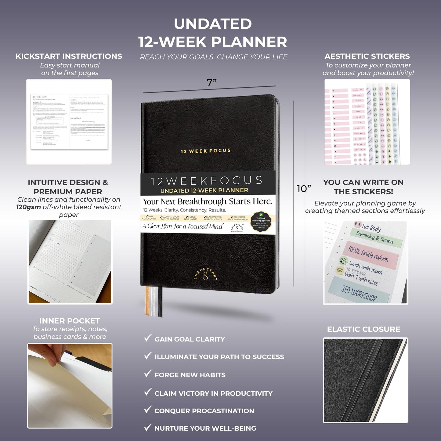 12 Week Focus Planner – High Performance Productivity Planner & Goal Planner | Undated Weekly and Daily Planning System with Habit Tracker | 7x10 Hardcover Project Planner