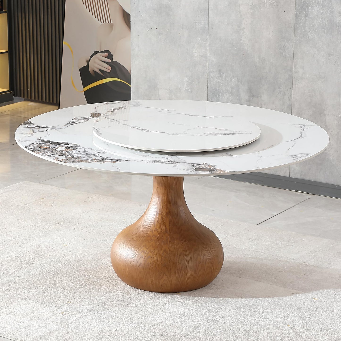Legendstone Modern Marble Dining Table for 6, 59" Round Sintered Stone Table for Dining Room, Kitchen, Wood Base with Detachable Lazy Susan