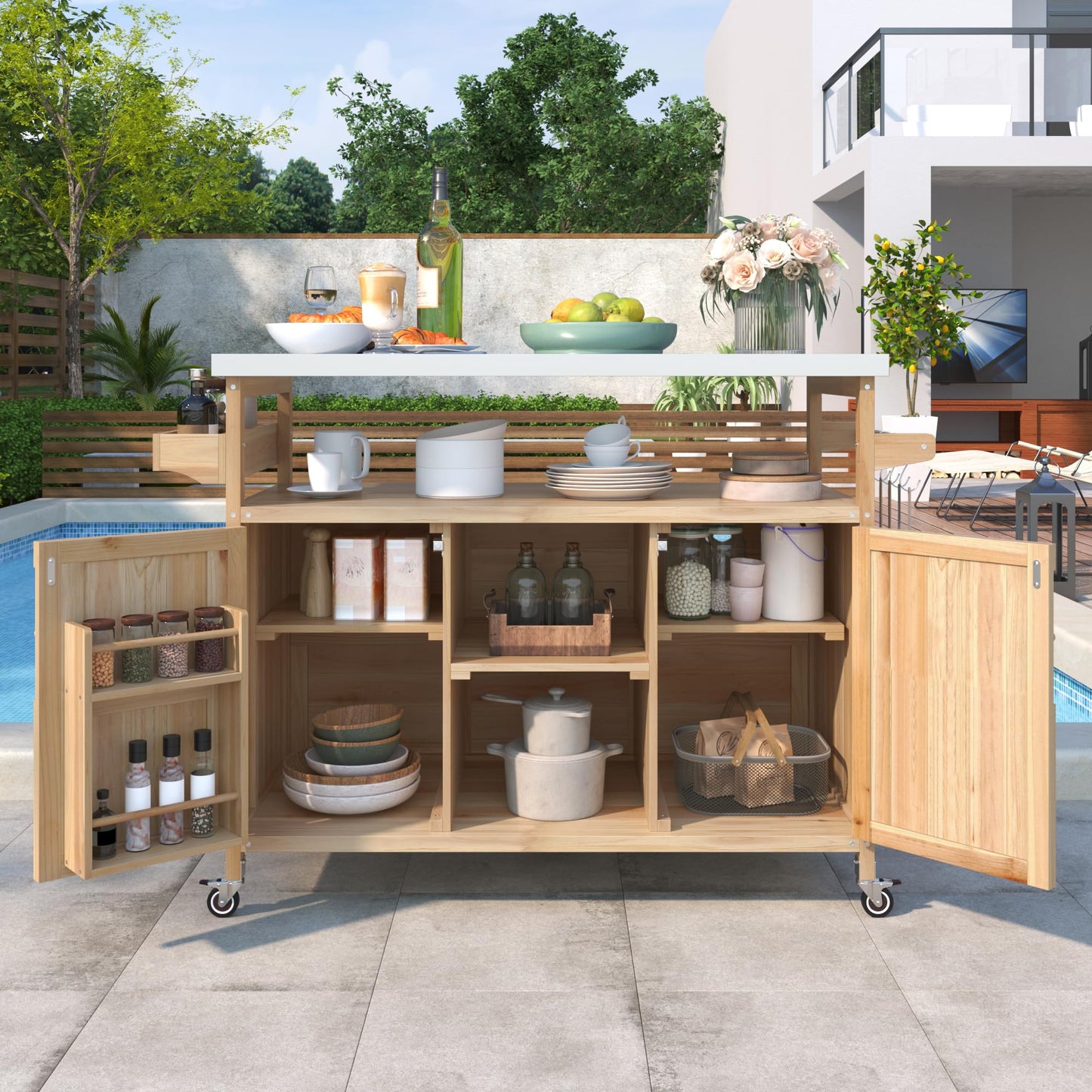 Ball & Cast Outdoor Kitchen Island,Rolling Bar Cart & Storage Cabinet,Farmhouse Solid Wood Outdoor Grill Table with Stainless Steel Top,Spice and Towel Rack,for Kitchen,Barbecue,Natural,50.25"