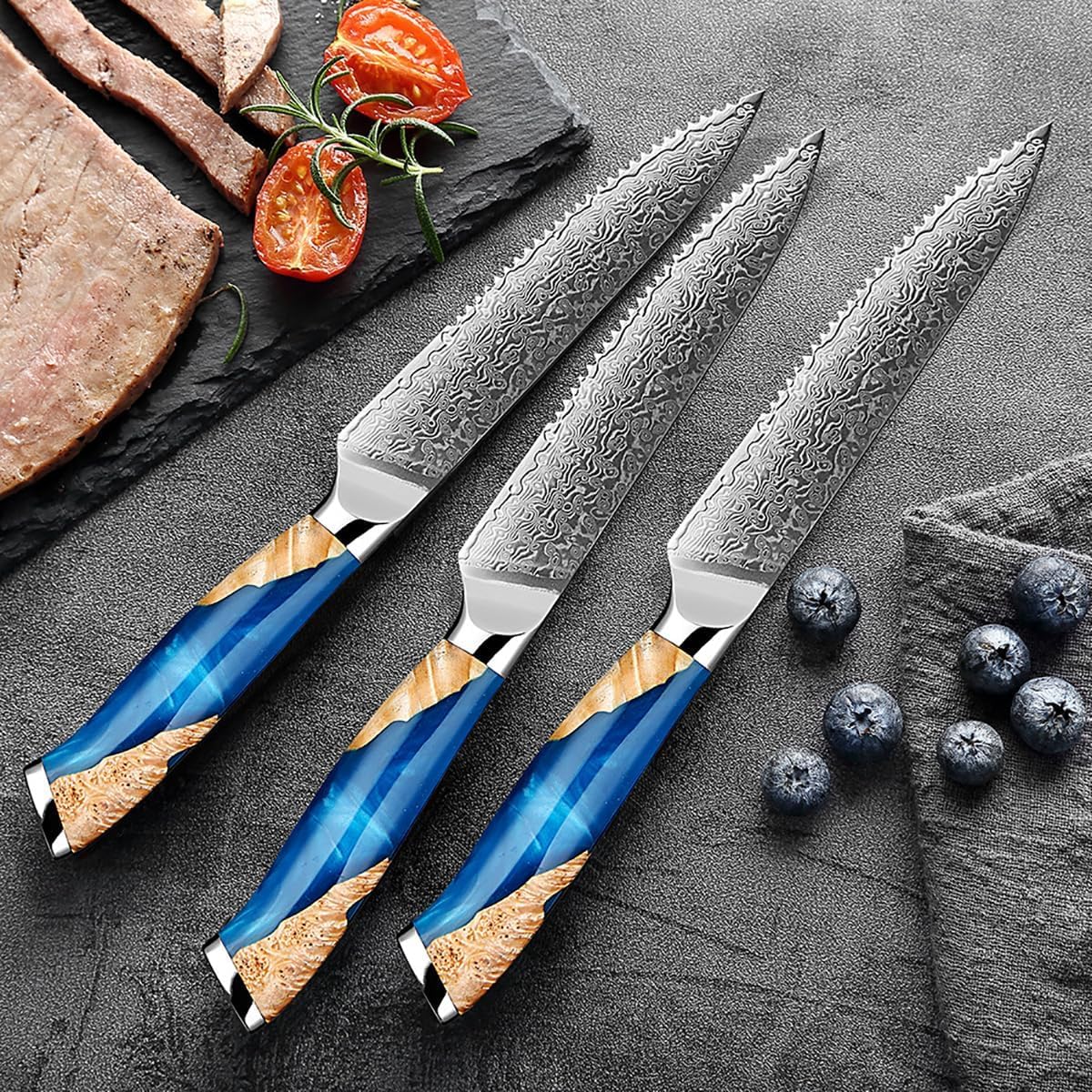 ZILNEHZ Damascus Steel Steak Knife, Resin Wood Handle, Stainless Steel Western Style Steak Knives of 4, Kitchen Serrated Set Knife Slicing & Cutting