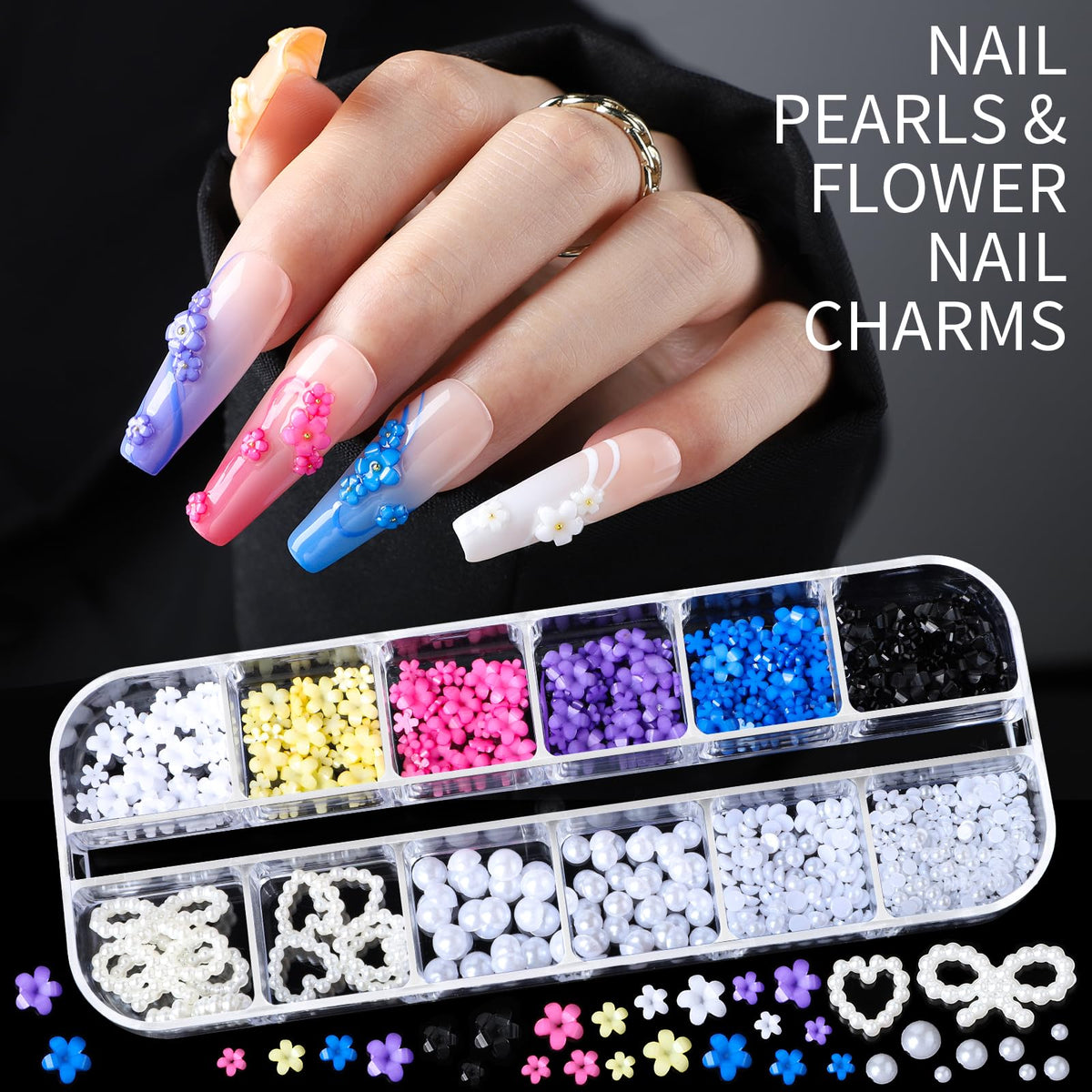 Teenitor Nail Charms Nail Gems with 15 Sheets Gold Nail Stickers, 6 Boxes of Rhinestones for Nails Art Tools, 3D Nail Decals Pearls for Nails