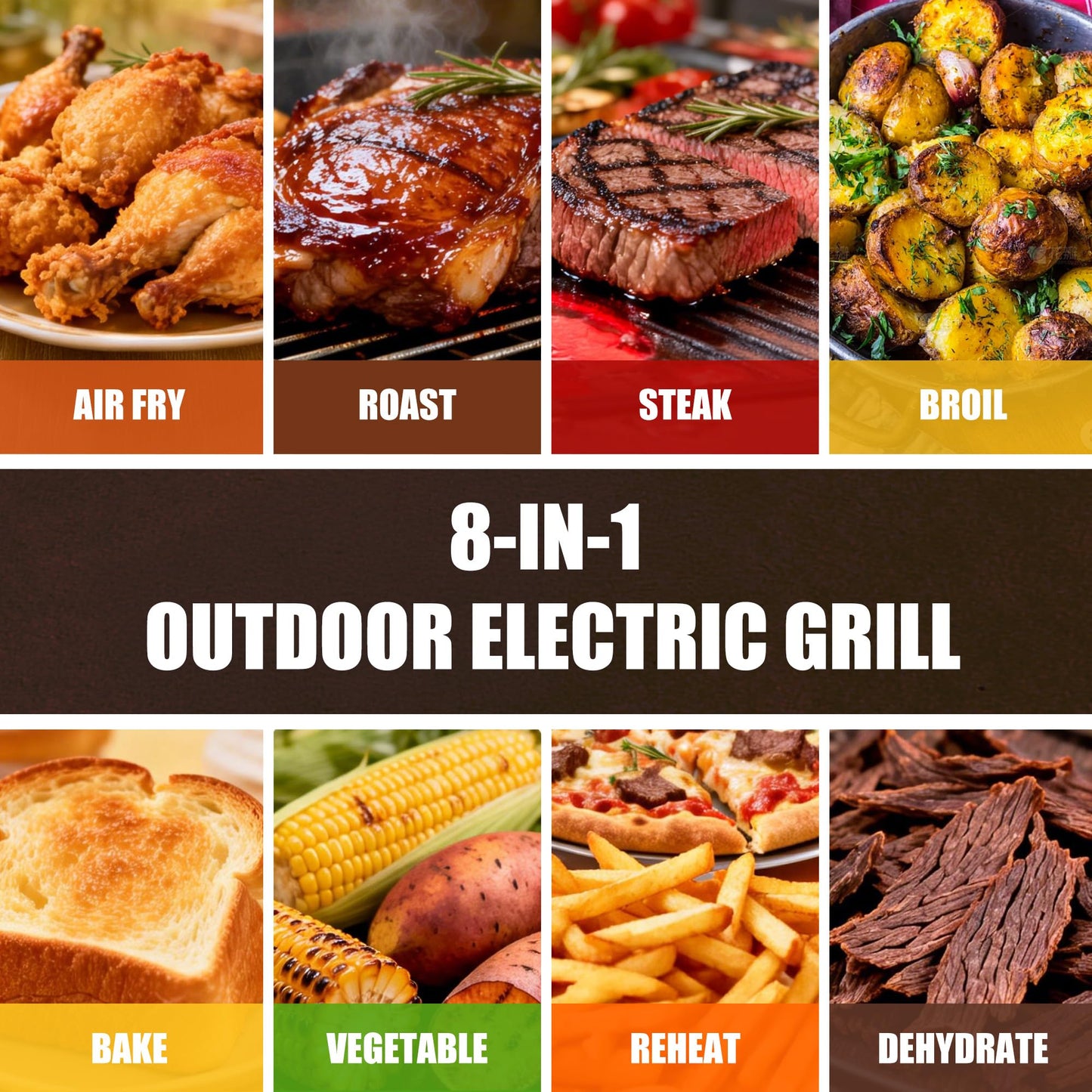 OLIXIS Electric Grill Outdoor/Indoor, 8-in-1 Multifunctional Large Electric BBQ Grill for Air Fry, Bake, Roast, Steak, Broil and Dehydrate, Safe Non-Stick Coating, Fry Basket Included