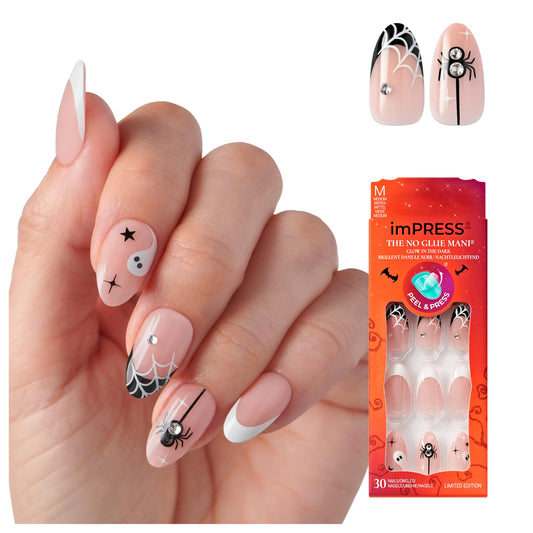 KISS imPRESS Halloween Press On Nails Almond, ‘Drop-dead Gorg’, White, Medium, Glossy Finish, No Glue, Glow-In-The-Dark, Includes Prep Pad, Mini Nail File, Manicure Stick & 30 Fake Nails