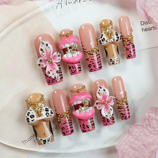Handmade Press on Nails Long Square Fake Nails Leopard Print French Tip False Nails with Charms Pink 3D Lips Designs Acrylic Press Ons Luxury Reusable Glue on Nail for Women DIY 10Pcs (Size M)