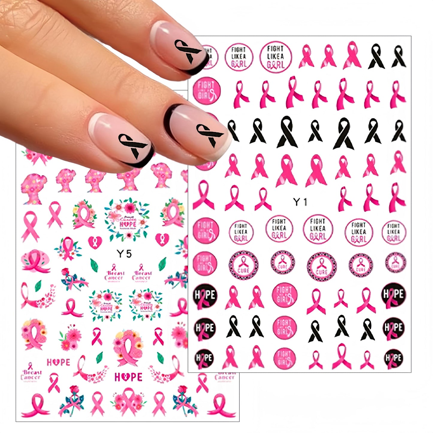 Breast Cancer Awareness Nail Art Stickers Pink Ribbon Nail Decals 3D Self Adhesive Nail Decals Butterfly Heart Flower Design Nail Sticker Breast Cancer Nail Supplies for Women Decoration 6 Sheets