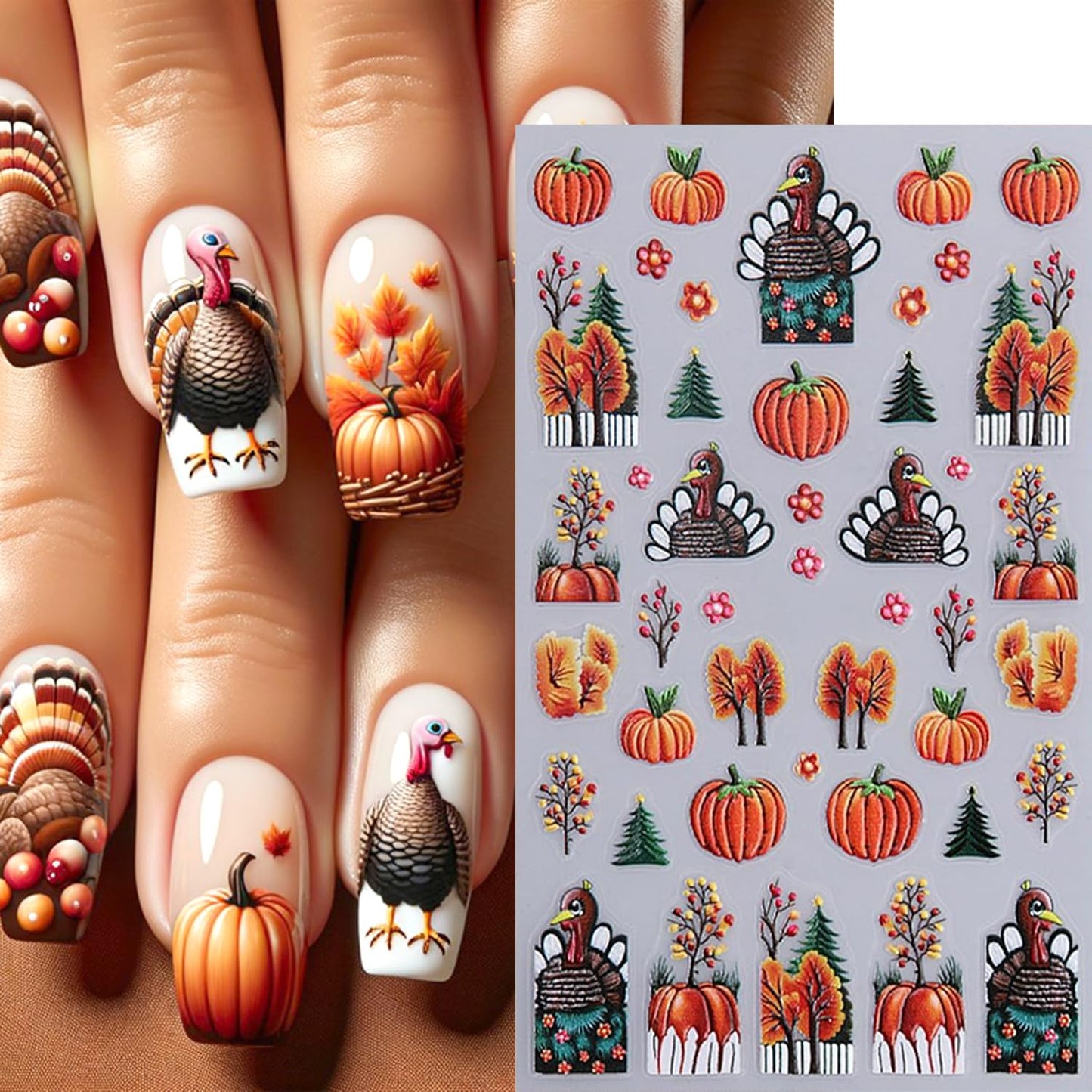 2Sheets Thanksgiving Nail Art Stickers 5D Embossed Squirrel Maple Leaf Nail Decals Self-Adhesive Turkey Pumpkin Designs Nail Sticker Fall Leaves Mushroom Nail Decal for Women DIY Manicure Decoration