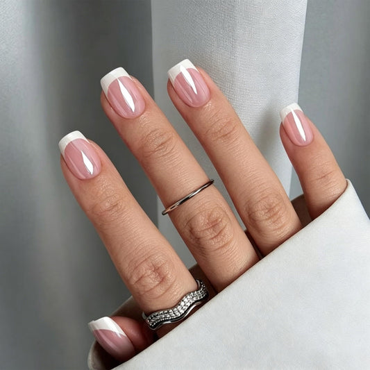 Classic Press on Nails Short Square Fake Nails Nude Light Pink Chrome Design French Tip False Nails Glossy Reusable Acrylic Glue on Nails Full Cover Press ons,Daily wear for Women 24Pcs