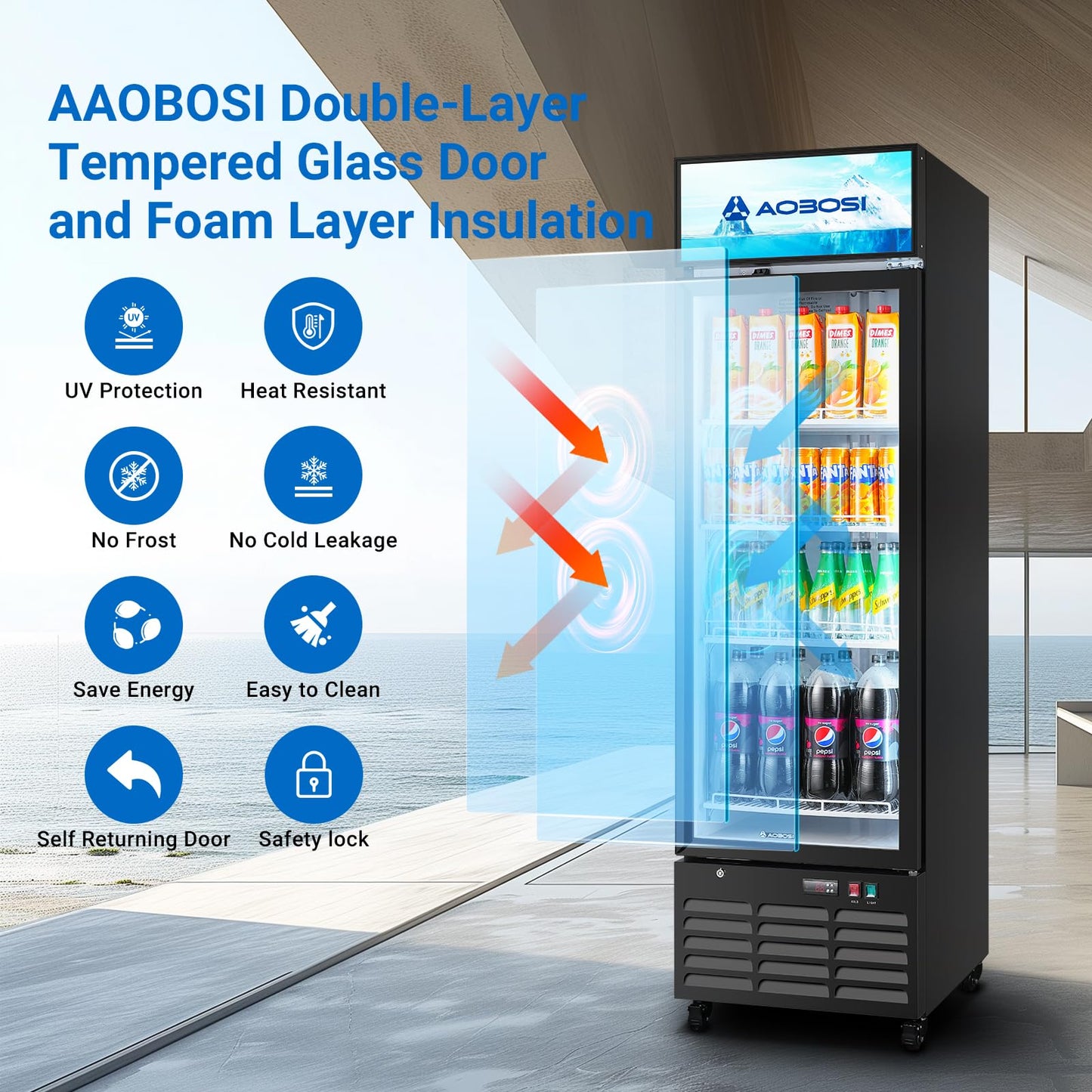 AAOBOSI Commercial Merchandiser Refrigerator,12.29 Cu.Ft Glass Door Display Refrigerator,Upright Beverage Fridge with Soft LED Light,Customizable Lightbox,Universal Casters, Adjustable Shelves