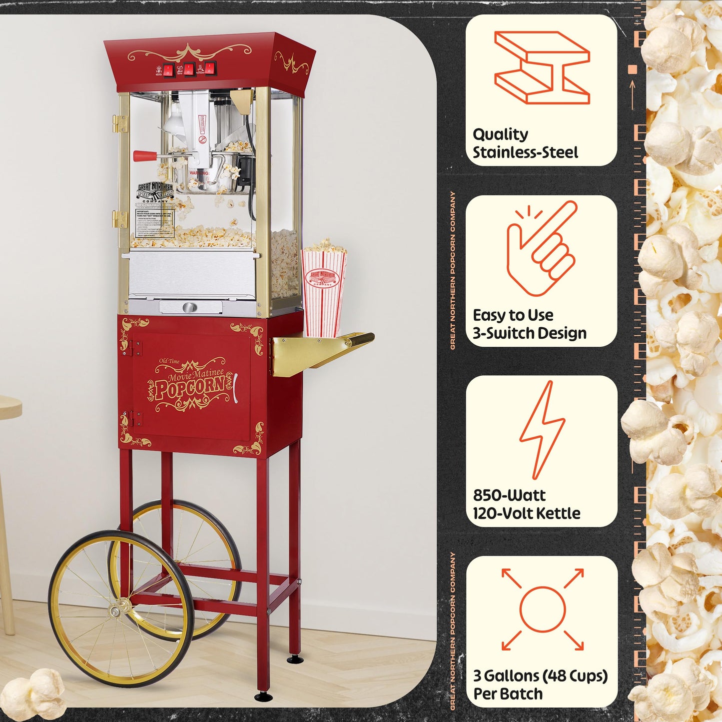 Matinee Popcorn Machine and Cart – 3 Gallon Popcorn Popper, 8oz Kettle, Warmer, and 5 All-In-One Kernel Packs by Great Northern Popcorn (Red)