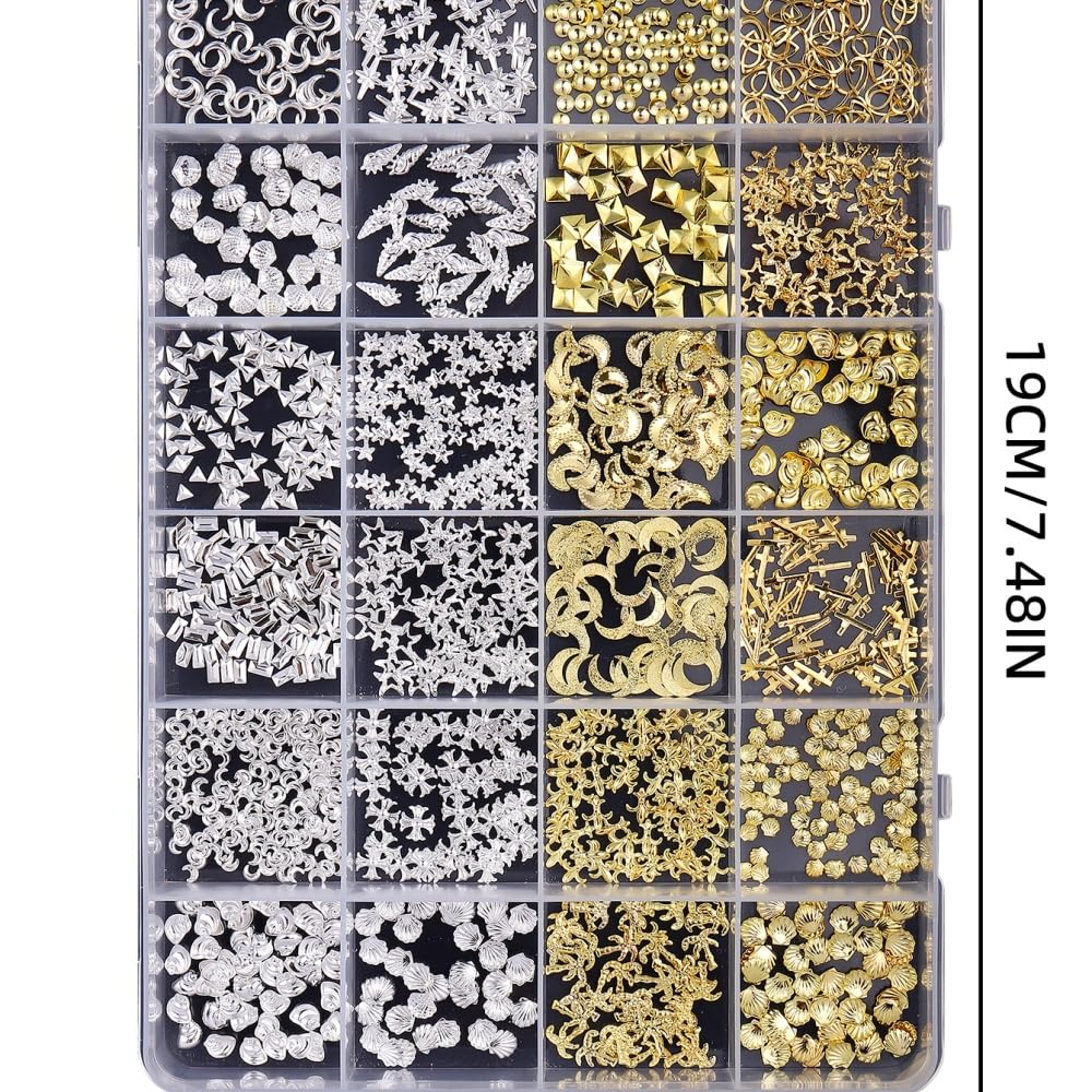 Gold Silver Nail Charms 3D Alloy Flower Nail Gems Metal Moon Star Nail Jewels Multi-Shapes Ocean Beach Starfish Seashell Nail Art Supplies with Tweezer for Women DIY Acrylic Nail 24 Grids 1 Box