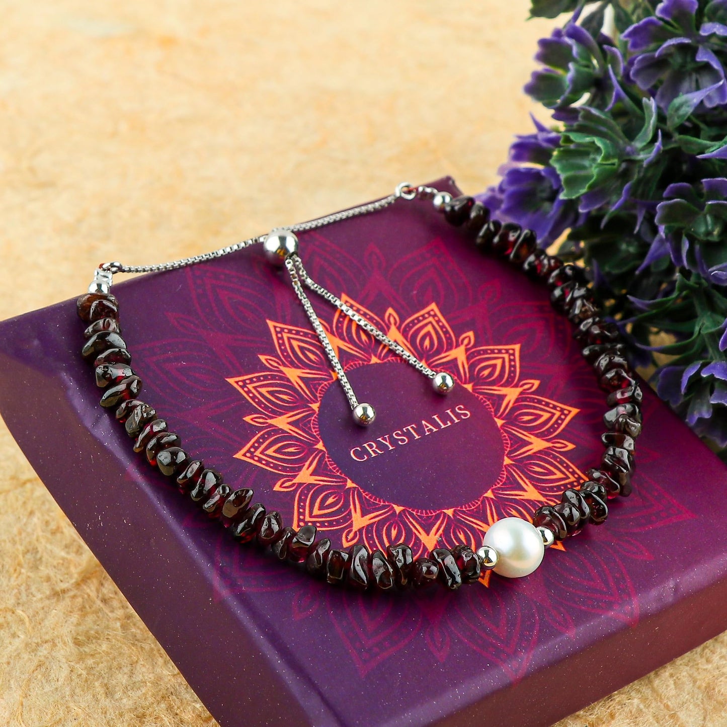 CRYSTALIS Natural Rhodolite-Garnet Beads Slider Bolo Bracelet with Elegant Pearl, Uncut Chips Nuggets Crystals, Chakra Healing Gemstone, Women Jewelry, 925 Sterling Silver Slider 10 inch