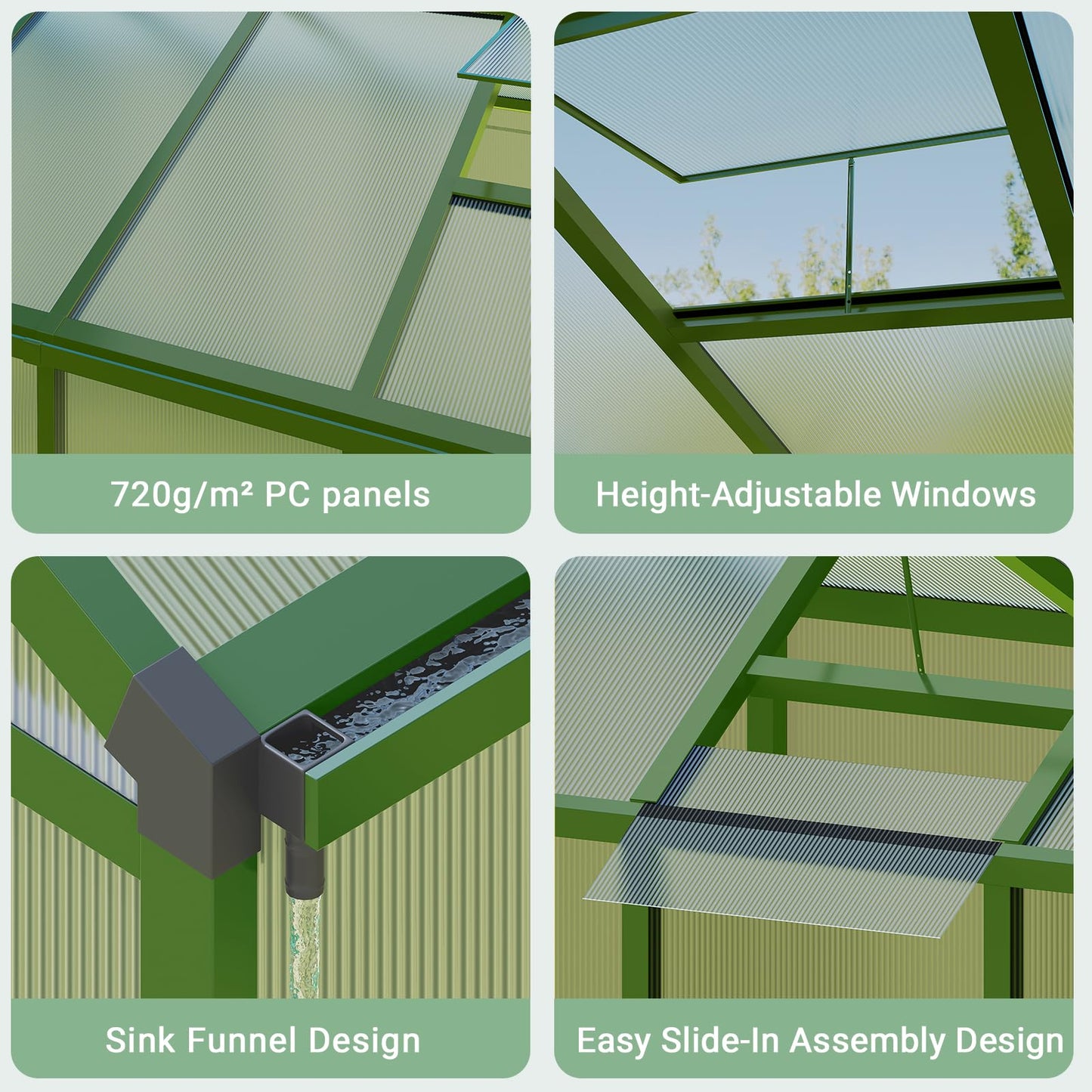 8x12 Ft Outdoor Greenhouses, Greenhouse Kit, Portablee Greenhouses with Ground Nails and Vent Windows, Sliding Lockable Door, Polycarbonate Green Houses for Outside Garden Backyard, Green