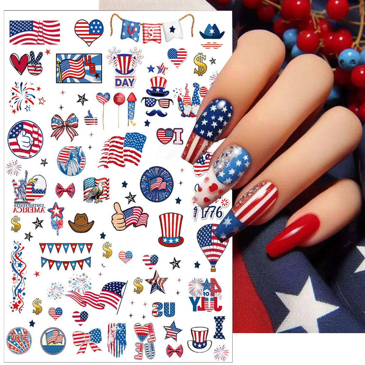 6pcs 4th of July Nail Stickers 3D Nail Decals Independence Day Nail Art Sticker for USA Flags Heart Star Stripe Letters Fireworks Nails Design Adhesive Sticker Patriotic Manicure Decorations for Women