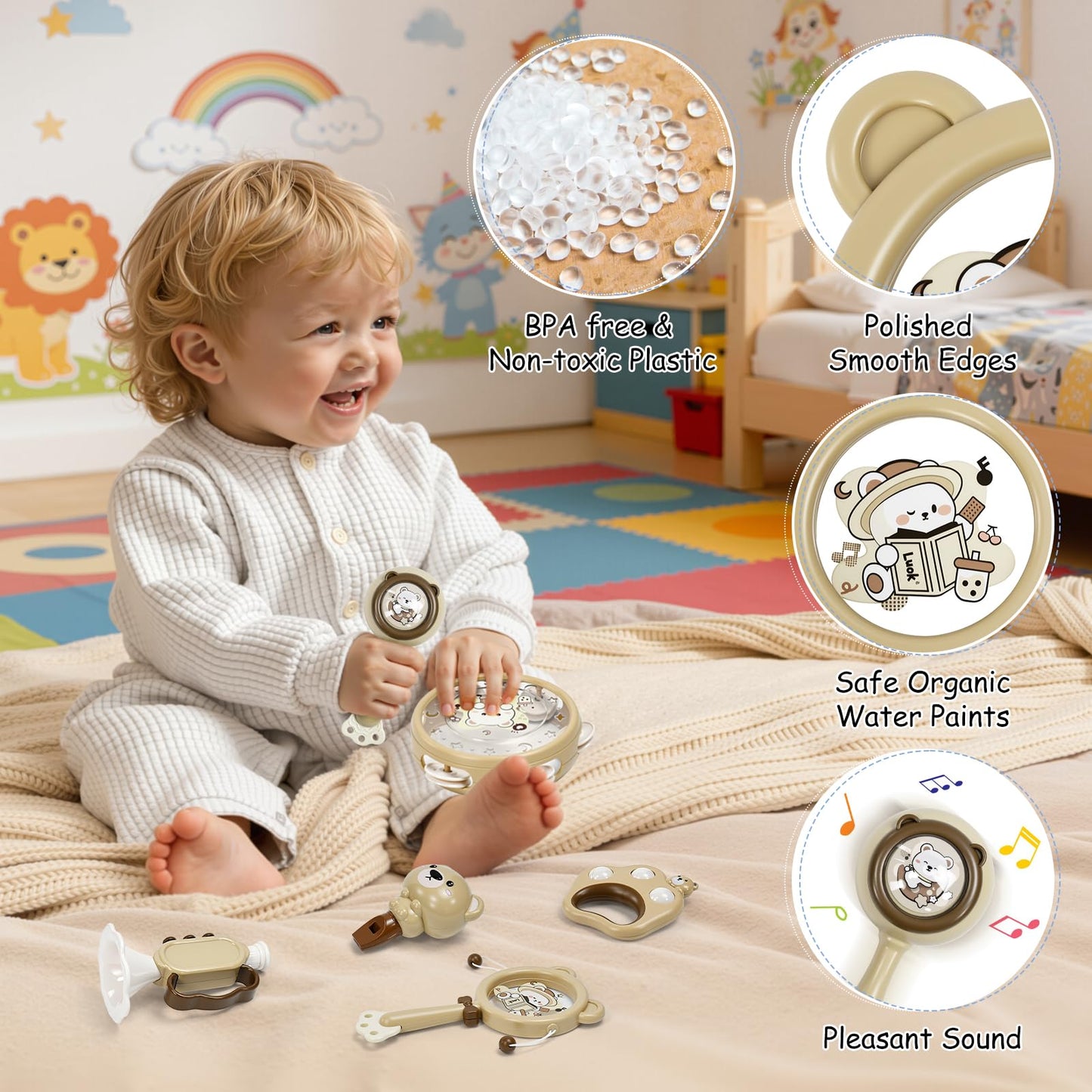Baby Musical Toys for Toddlers 1-3: 6pcs Montessori Kids Musical Instruments Infant Baby Teething Toy with Rattle & Tambourine for Preschool Learning Birthday for Boys Girls
