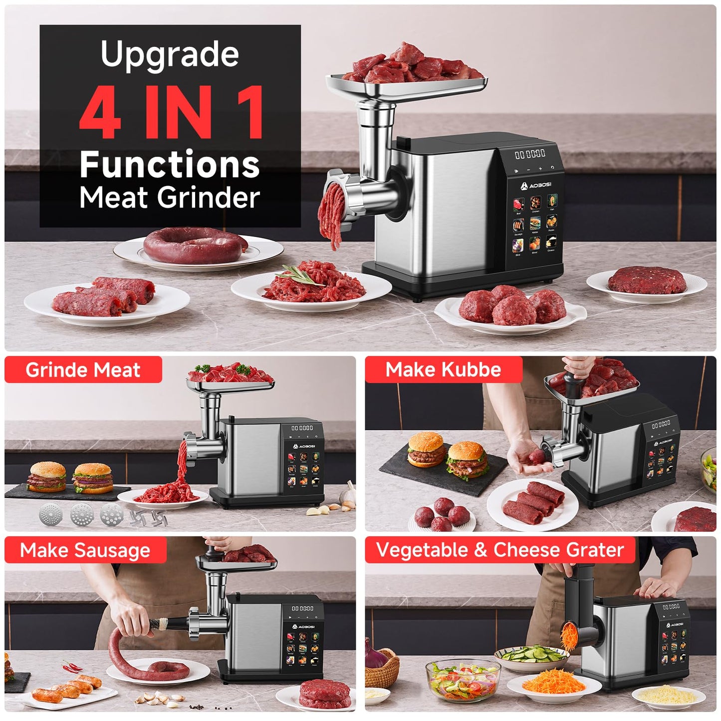 AAOBOSI Multifunctional Digital Meat Grinder Electric 3000W Max w/ 9 Touch Screen Presets, Auto-Reverse & Built-in Storage -Grinding, Sausage & Kibbe & Grate Cheese Making for Home Use