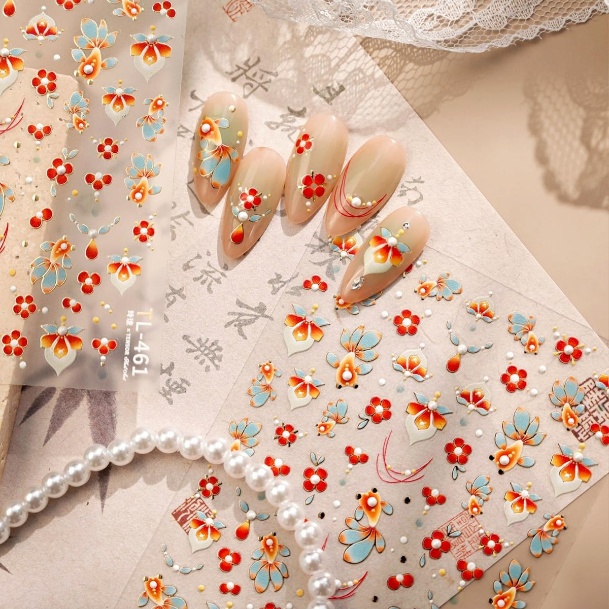 Summer Nail Stickers for Nail Art 5D Embossed Red Flower Nail Decals Koi Fish Nail Art Stickers with Pearl Design Spring Nail Charms Supplies for Women Girls