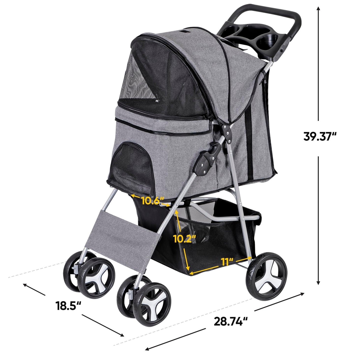 Pet Stroller 4 Wheels Dog Cat Stroller for Small Medium Dog Cats Carrier Jogger Travel Foldable Puppy with Storage Basket and Cup Holder (Grey)