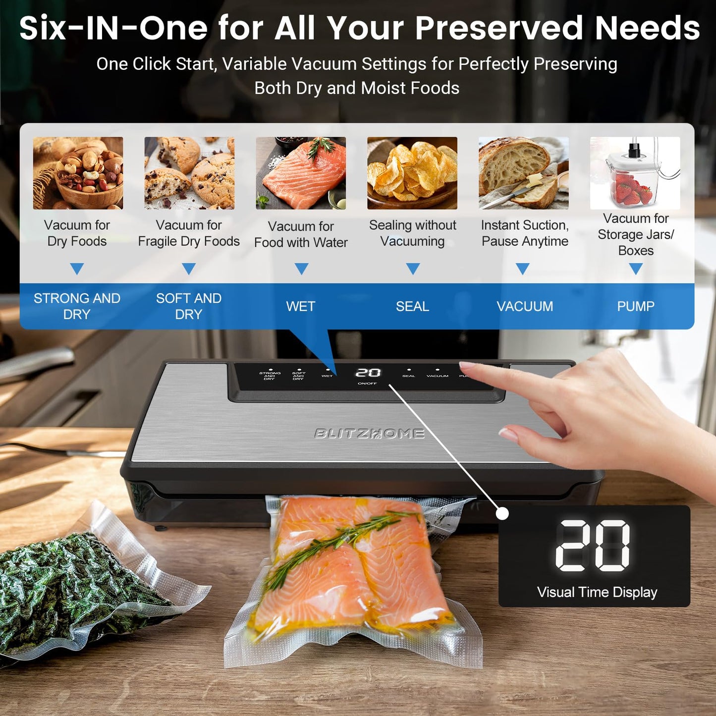 BLITZHOME Sous Vide Machine & Vacuum Sealer & 30 Pcs Kit Bundle: WiFi Enabled Sous Vide Cooker and 6 Easy Modes Sealer with Built in Cutter, 30Pcs Bags,1 Roll, 1 Vacuum Pump, 5 Air Valves, 5 Sealing