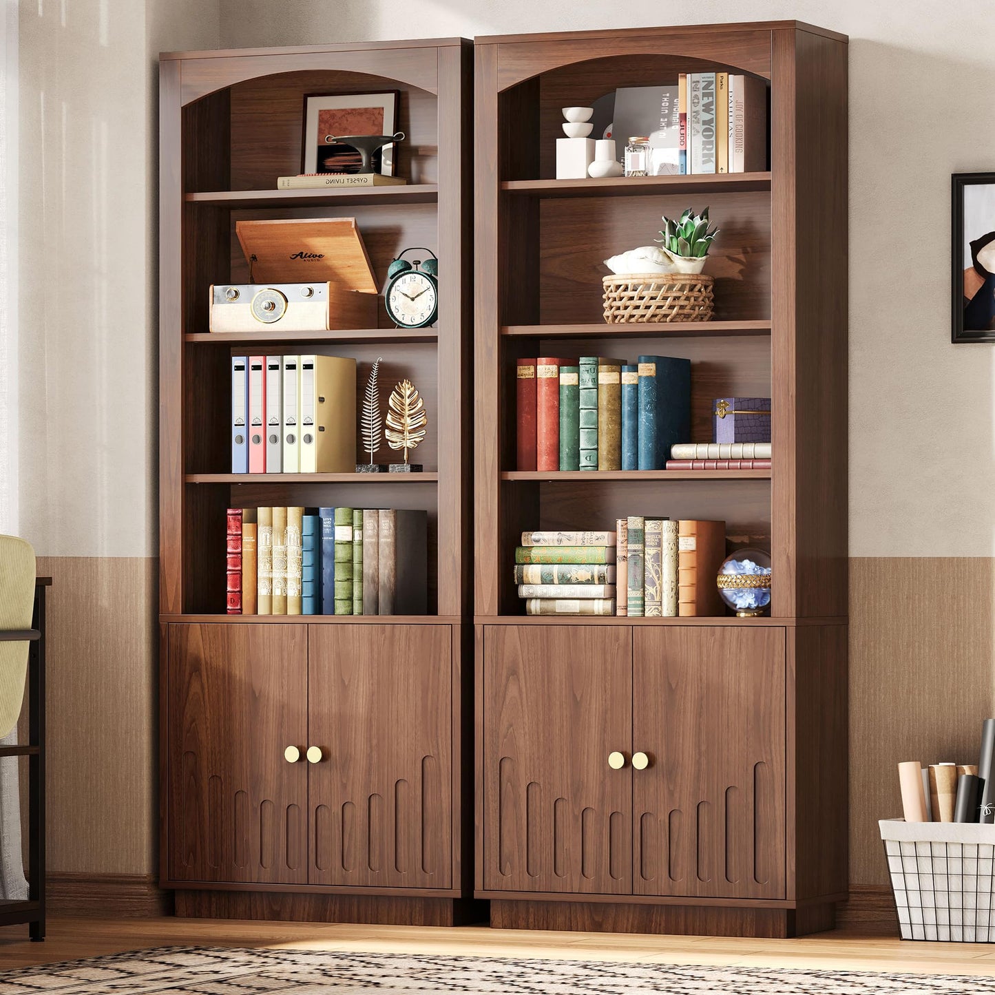 IRONCK Book Shelf and Bookcases with Doors Floor Standing 6 Shelf Display Storage Shelves, 70.8" Tall Bookcase for Home Office, Living Room, Mid-Century Modern, Walnut Brown