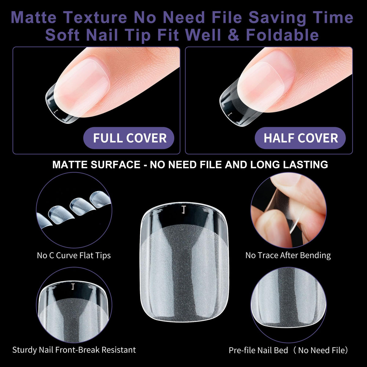 Half Matte Short Square Fake Nail Tips, Soft Gel Pre-Shaped Nail Tips, Full Cover False Nails with Clear Box for Nail Salons and DIY Nail Art, 600PCS/12 Sizes