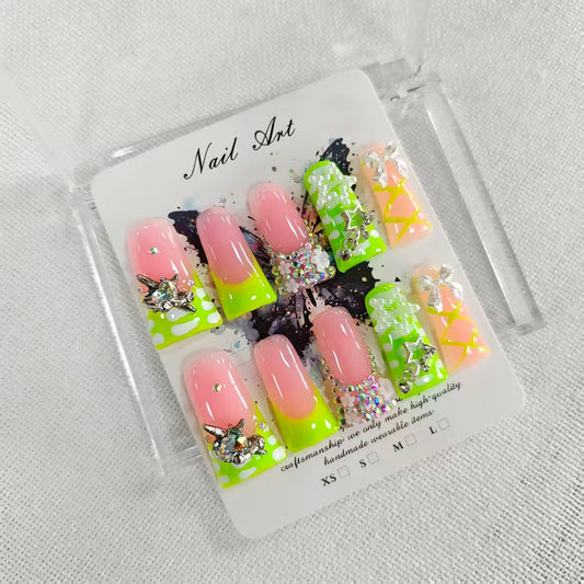 Luxury Press on Nails Long Duck Handmade Fake Nails Green French 3D Bow False Nails with Rhinestones Charms Designs Reusable Artificial Sparkly Acrylic Nails Press ons for Women 10Pcs (Size M)