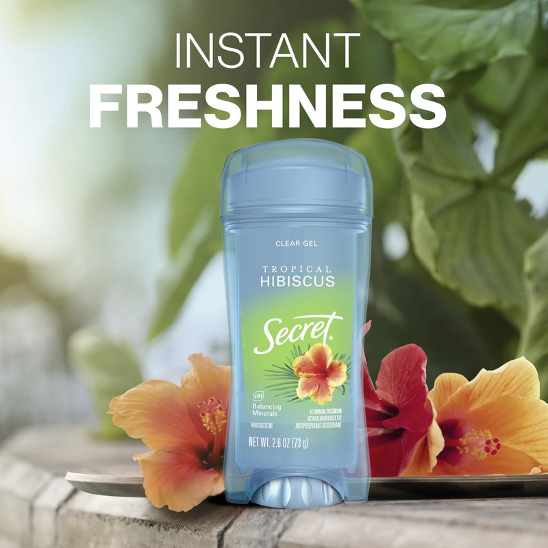 Secret Fresh Antiperspirant Deodorant for Women, 72hr Breathable Sweat & Odor Protection, Instant Freshness & Gentle, PH Balancing Minerals, Clear Gel, Tropical Hibiscus Scent, 2.6 oz
