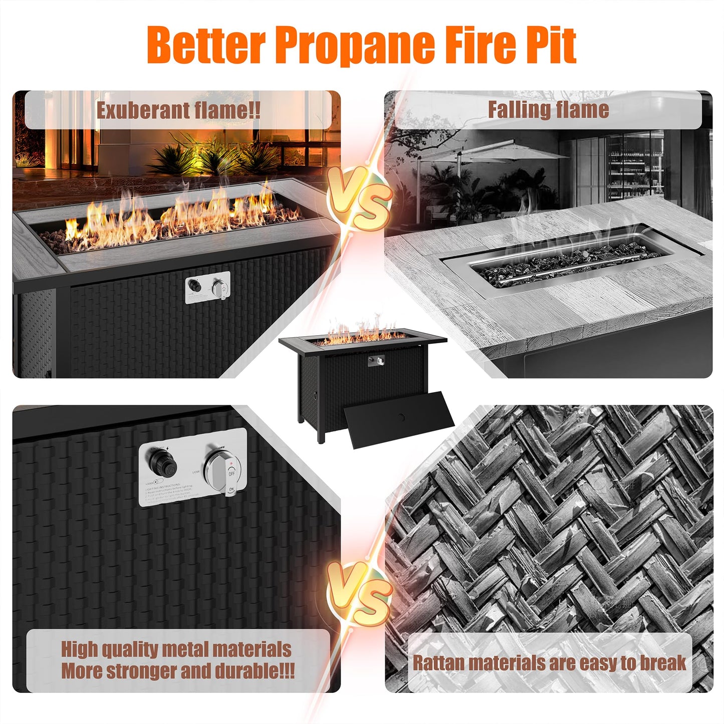 Shintenchi 45 Inch Outdoor Propane Fire Pit 50,000 BTU Gas Fire Pit Table with Lid, Lava Rock, Waterproof Cover, Rectangle Gas Firepit Table for Garden/Patio, CSA Certification