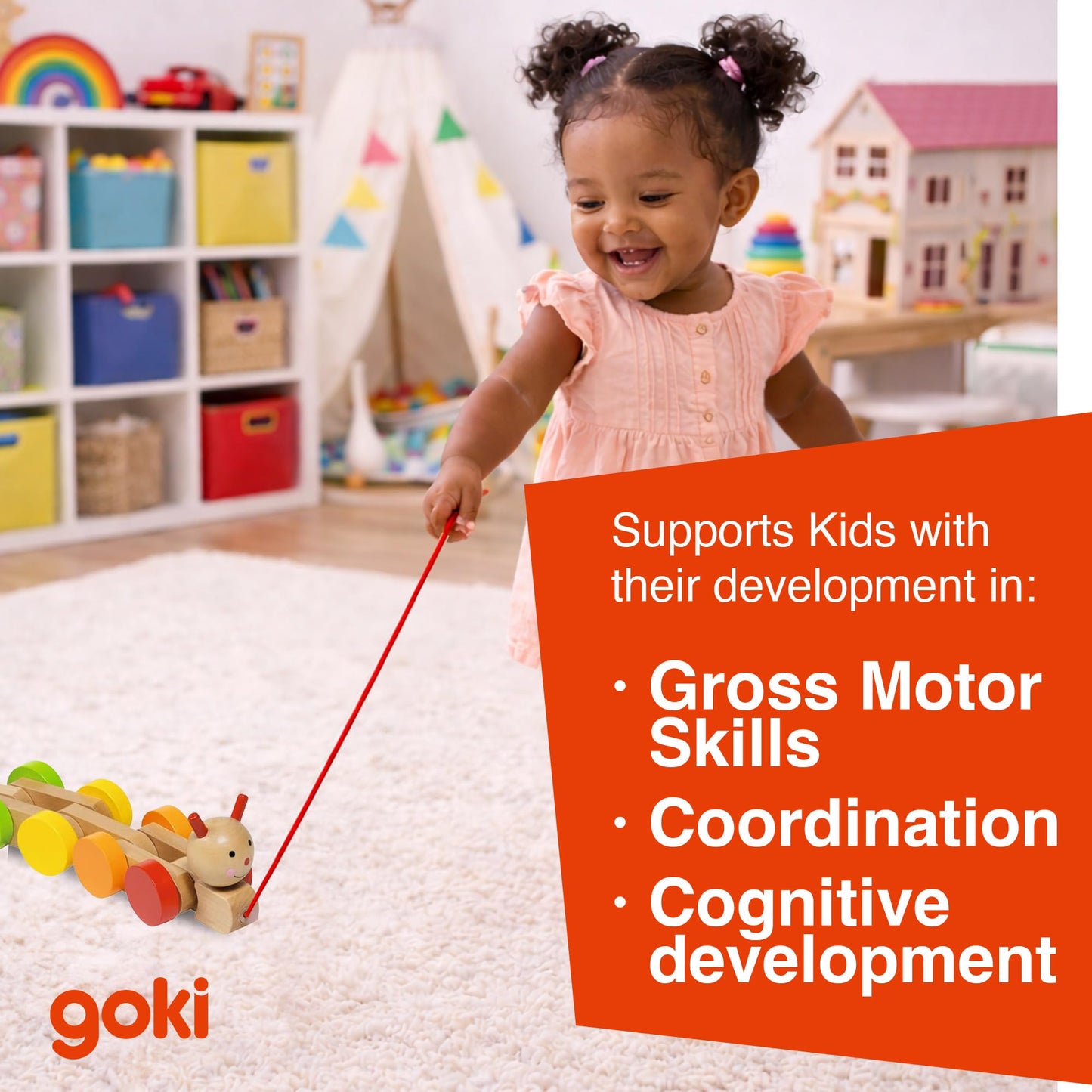 Goki Wooden Pull Toy Caterpillar NILA Montessori Toys for 1 Year Old I Baby Walking & Toddler Along String - Eco Friendly Wood Motor Skills Development I 1st Birthday Gifts - German Quality & Design